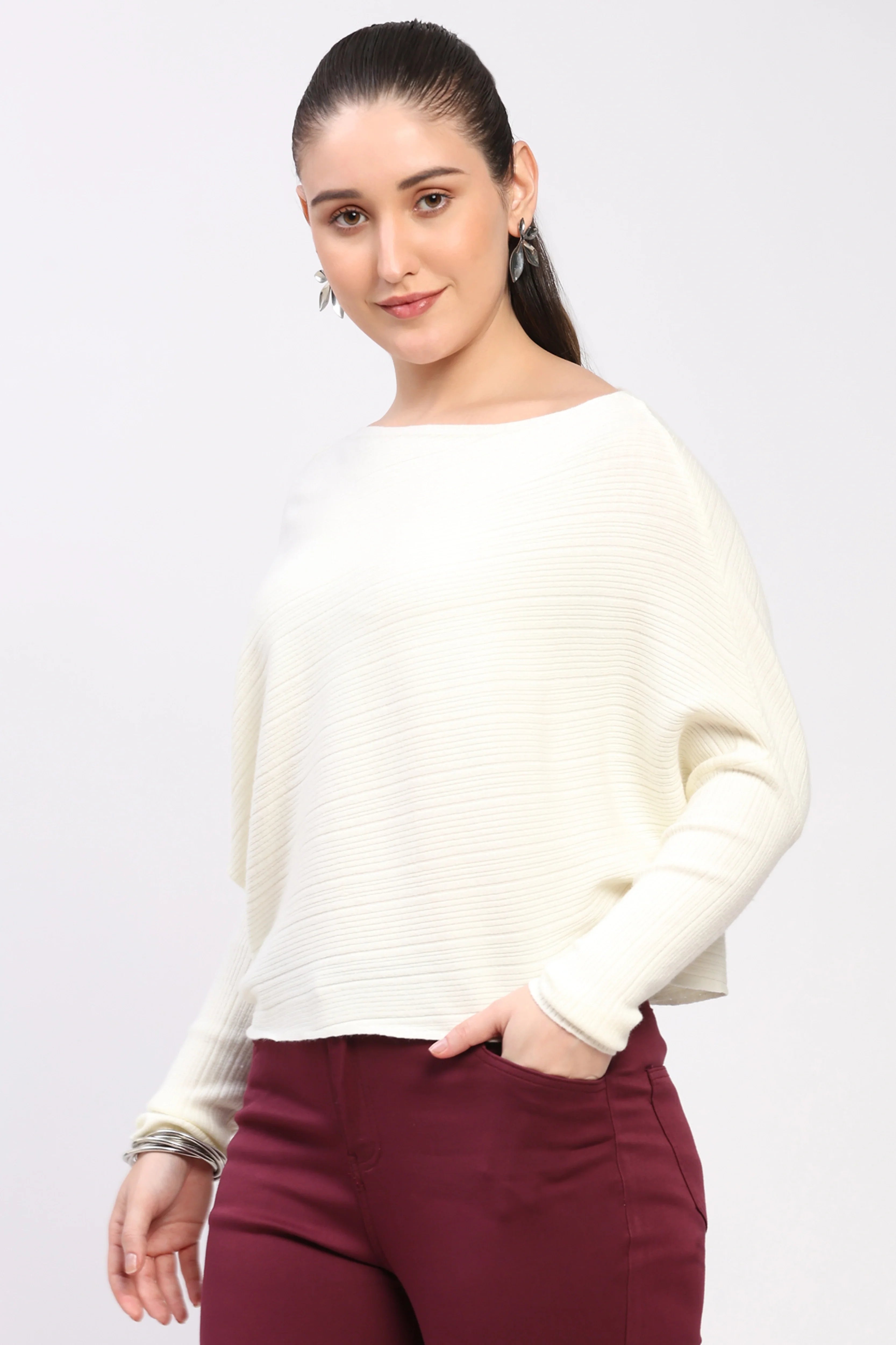 White Ribbed Loose Fit Pullover-Global Republic