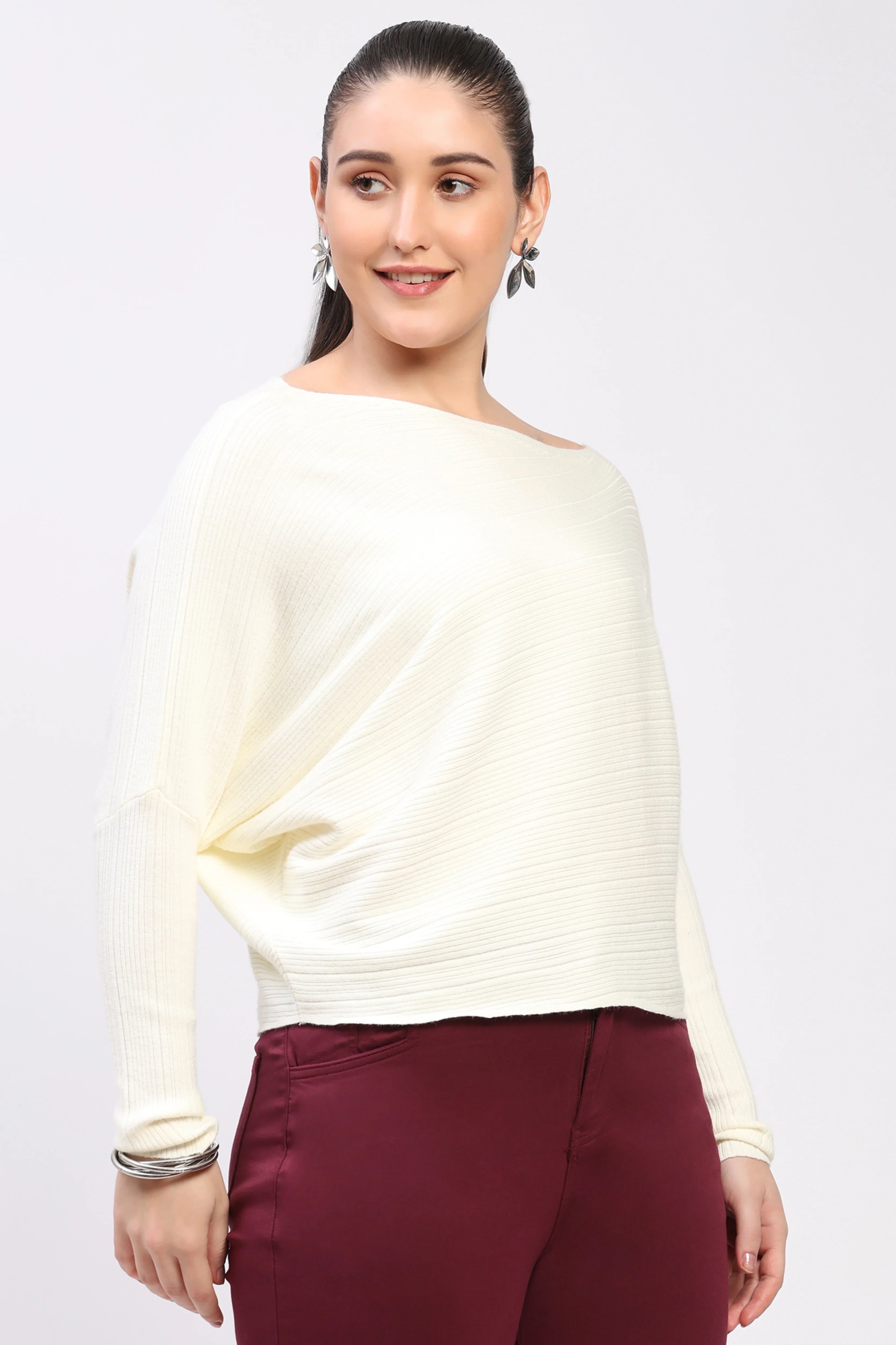 White Ribbed Loose Fit Pullover-Global Republic