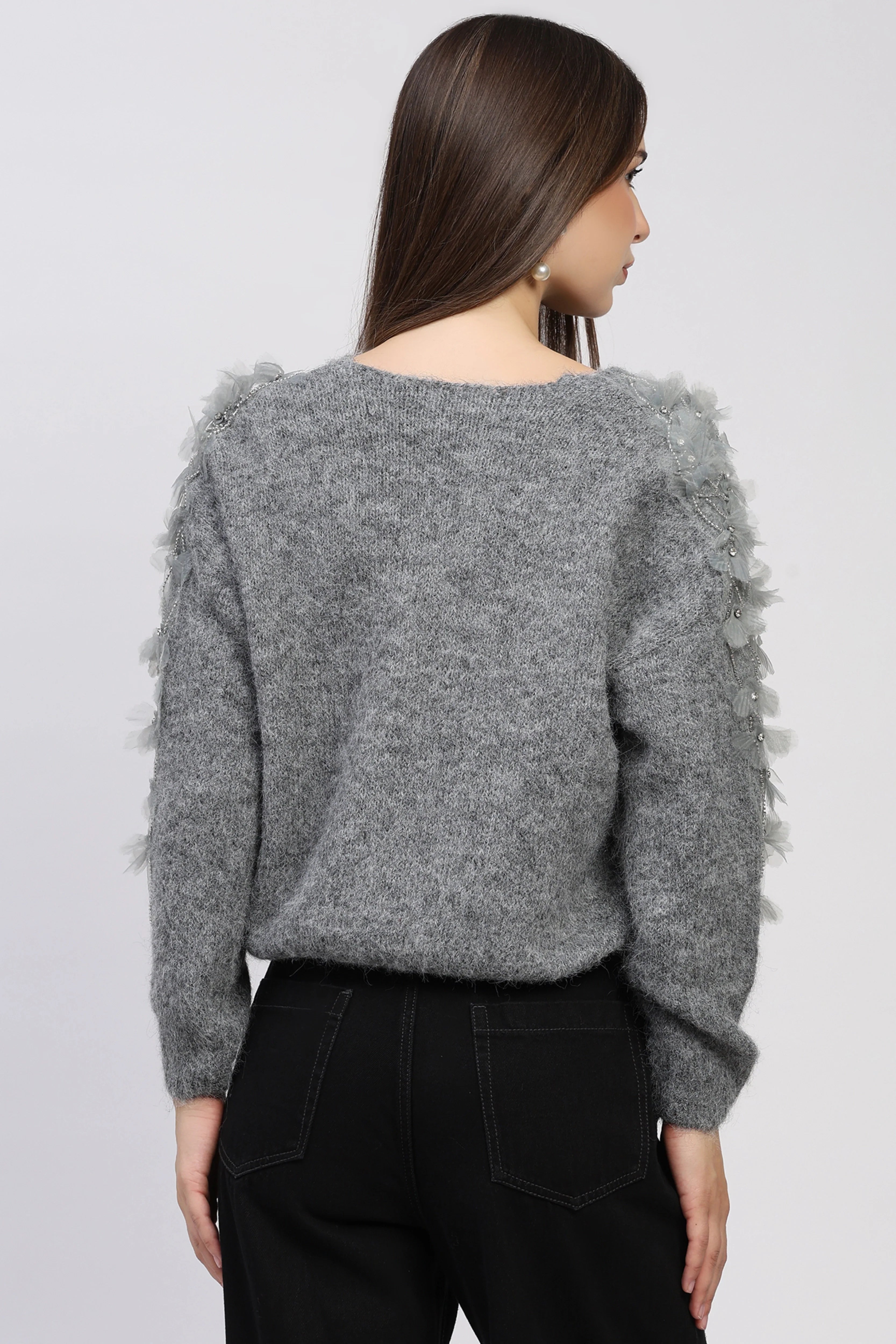 3D Floral Embellished Grey Pullover