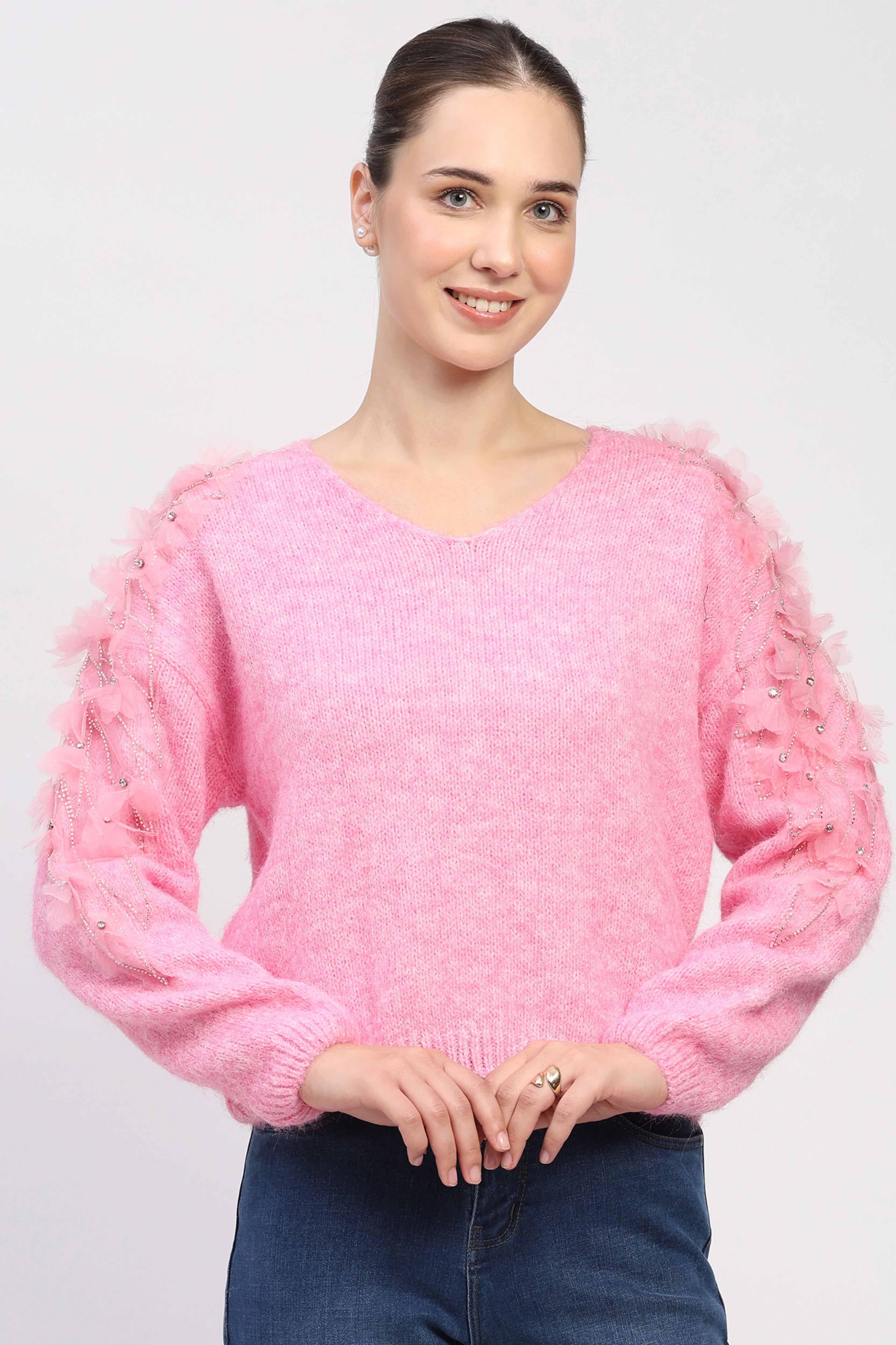 3D Floral Embellished Pink Pullover