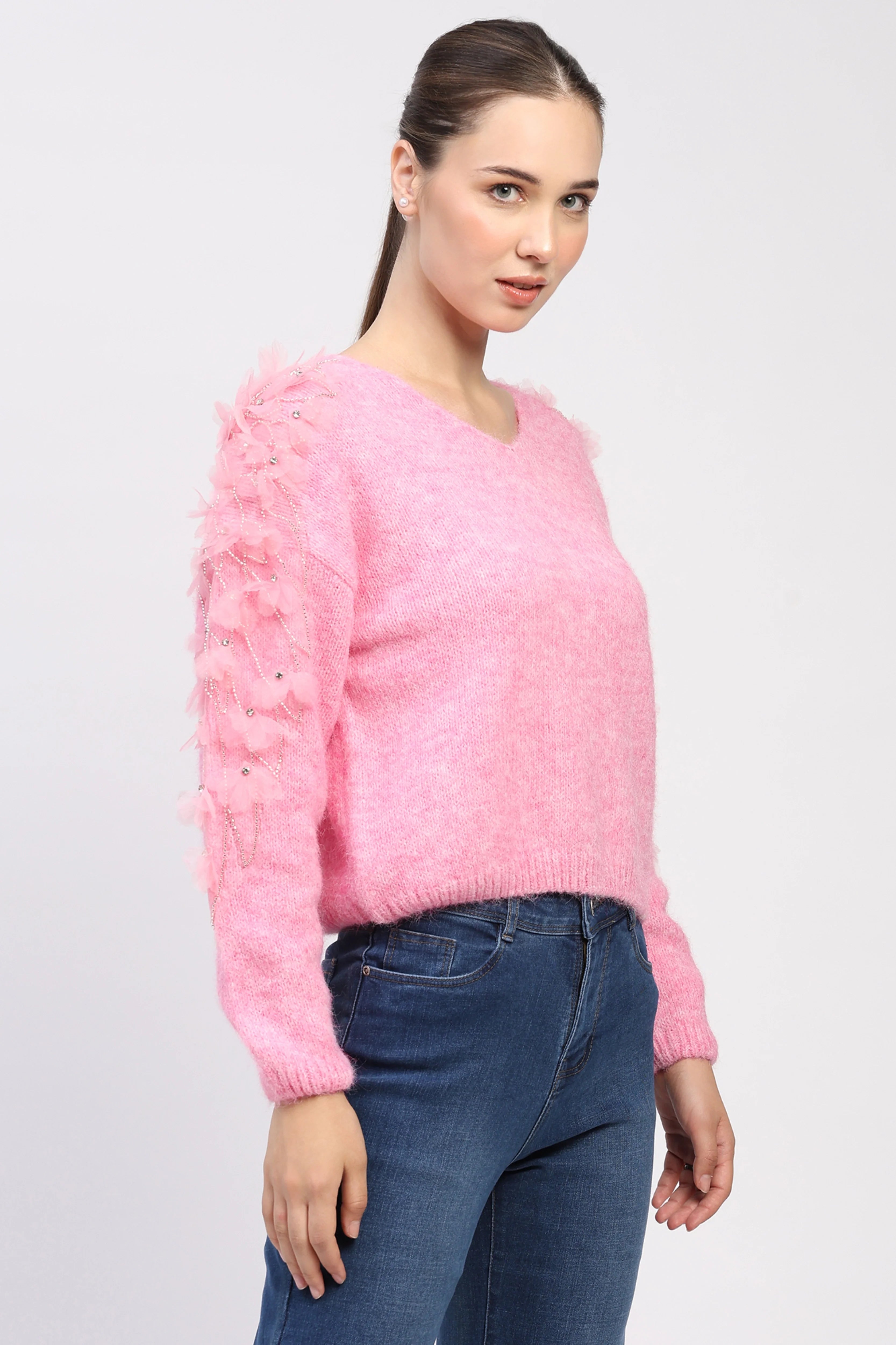 3D Floral Embellished Pink Pullover