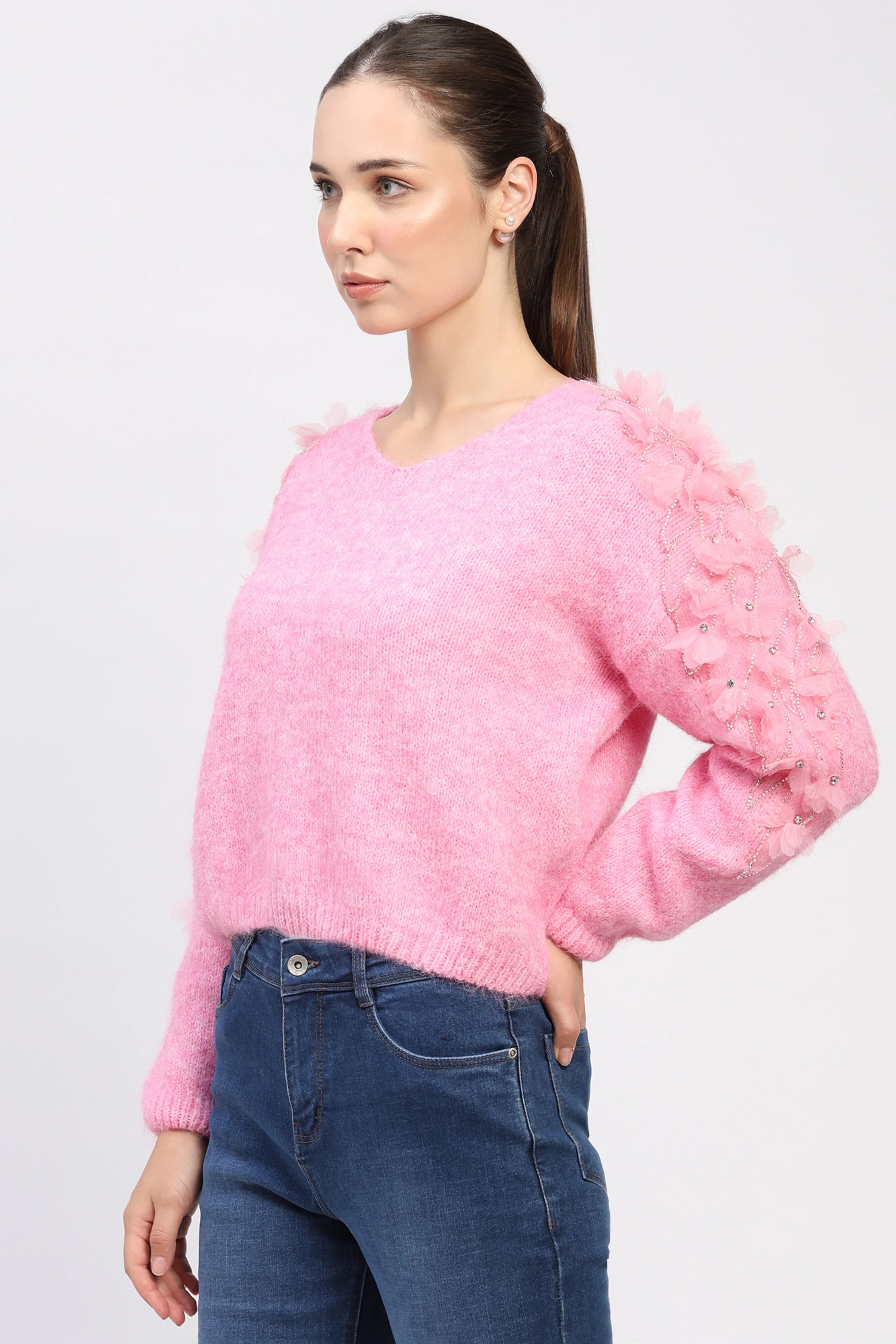 3D Floral Embellished Pink Pullover