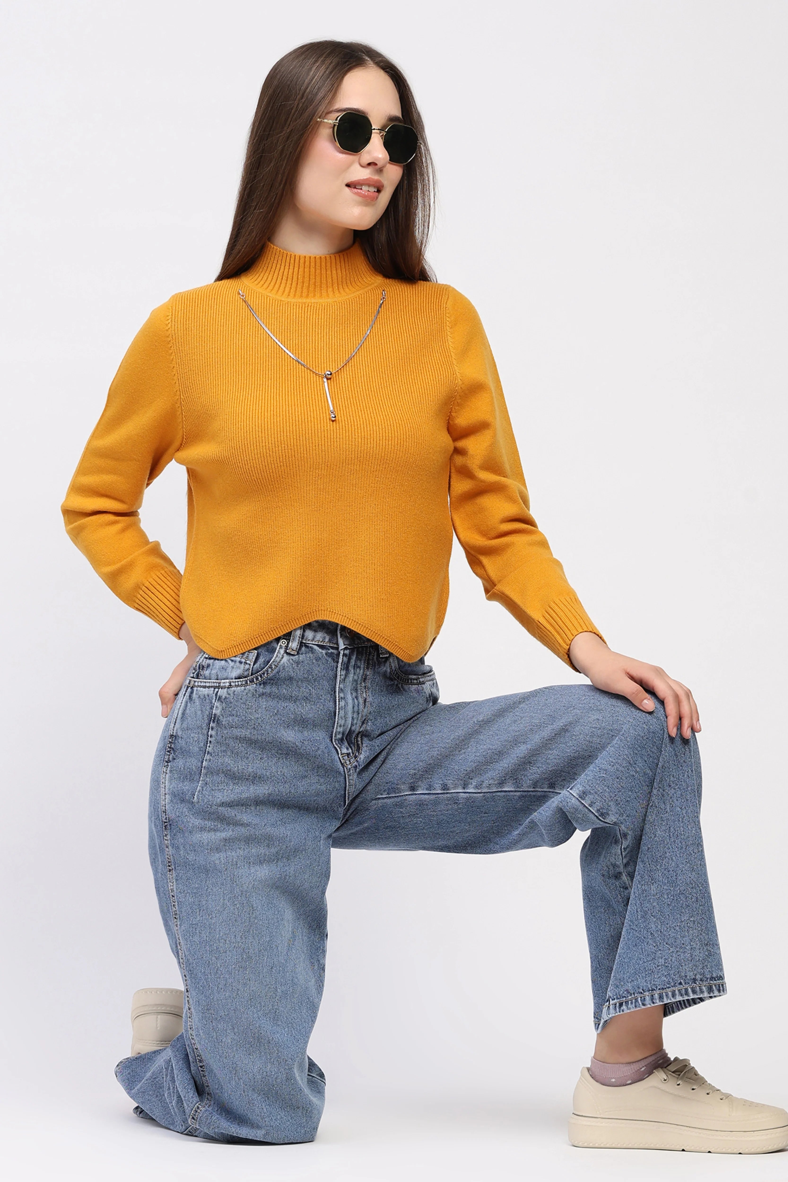Mustard Scalloped Hem Pullover