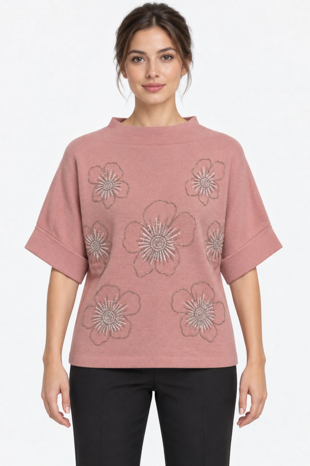 Pink Floral Embellished Pullover-Global Republic