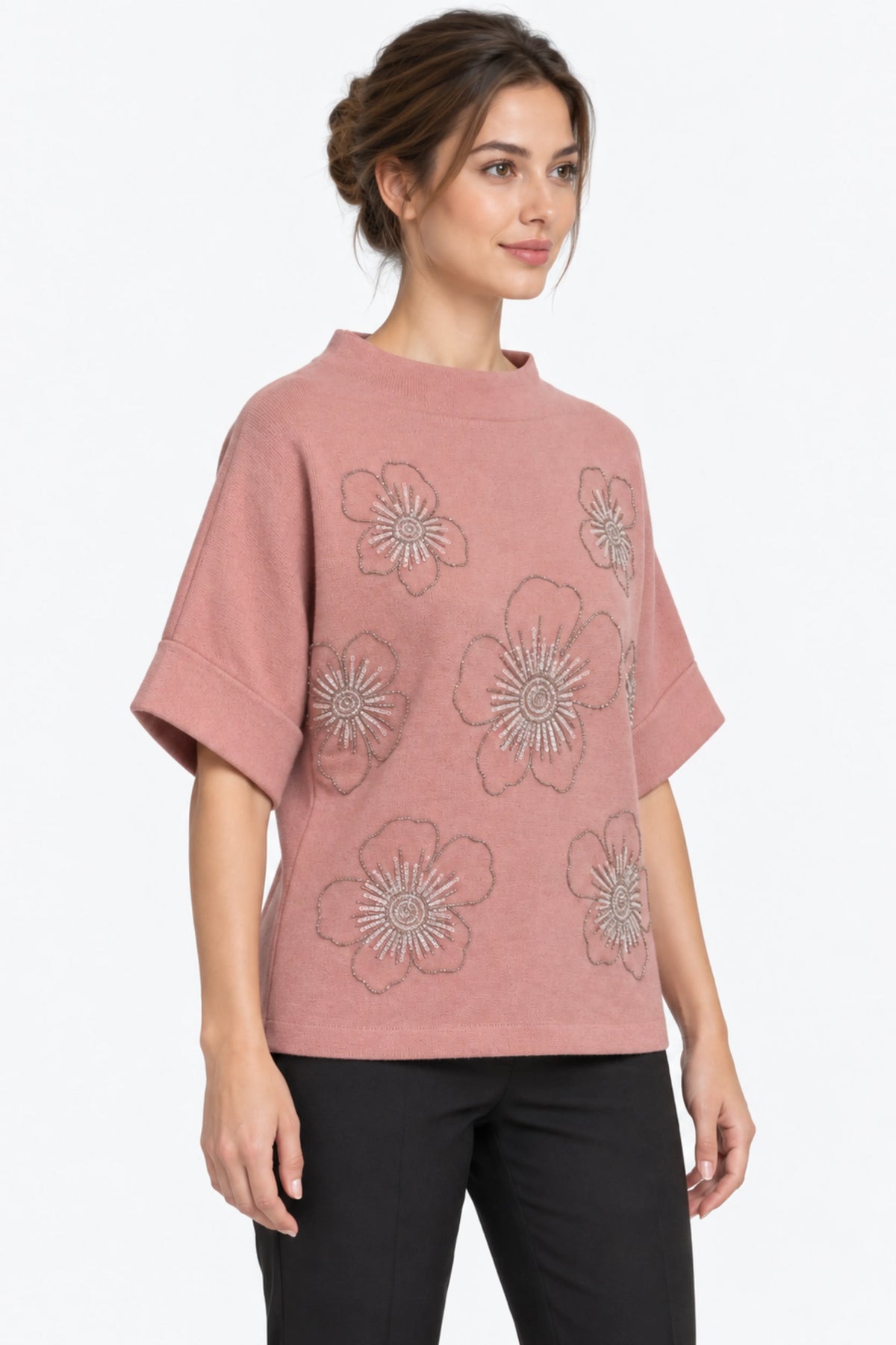 Pink Floral Embellished Pullover-Global Republic