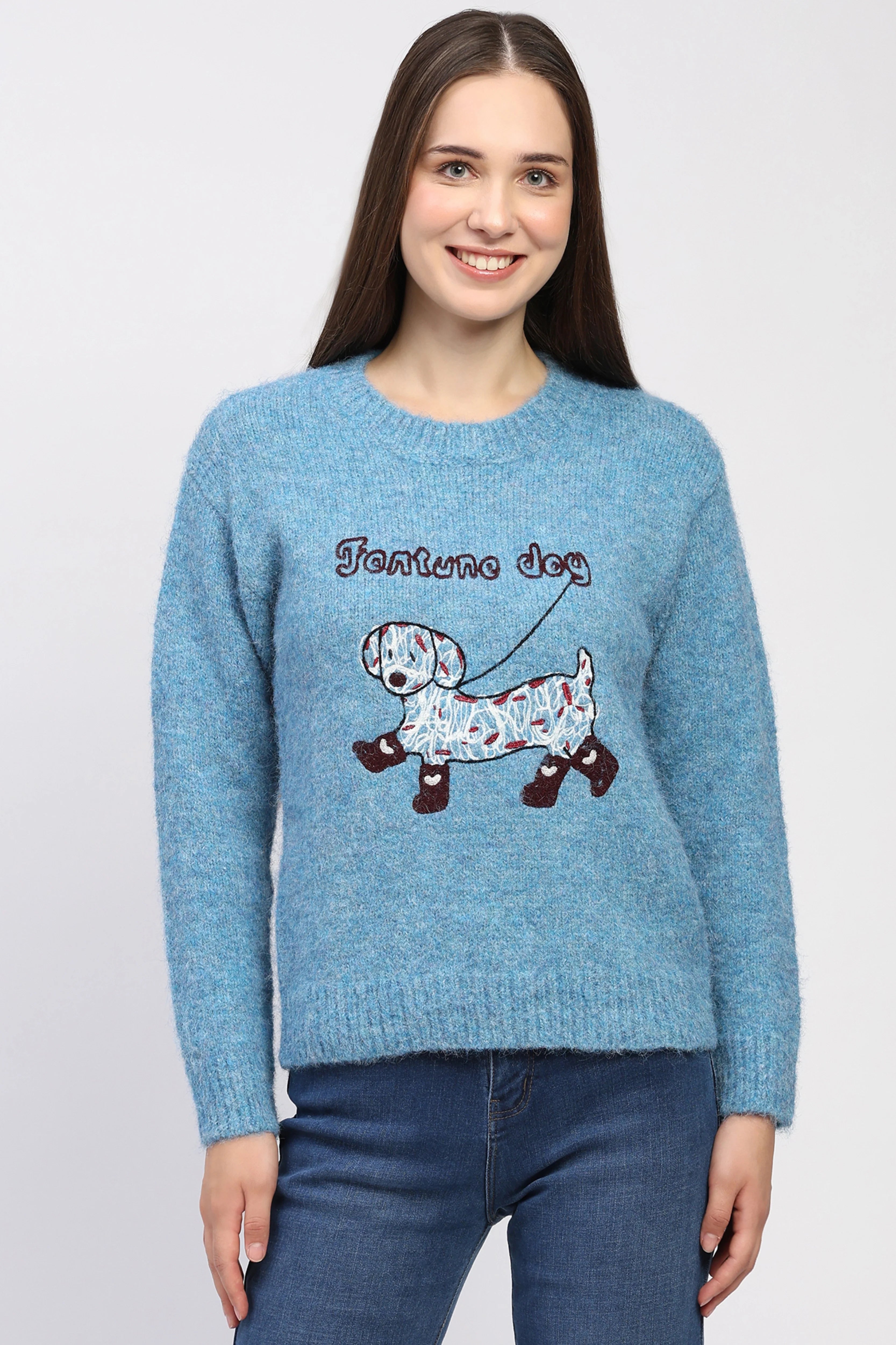 Blue Fortune Dog Embroidered Pullover