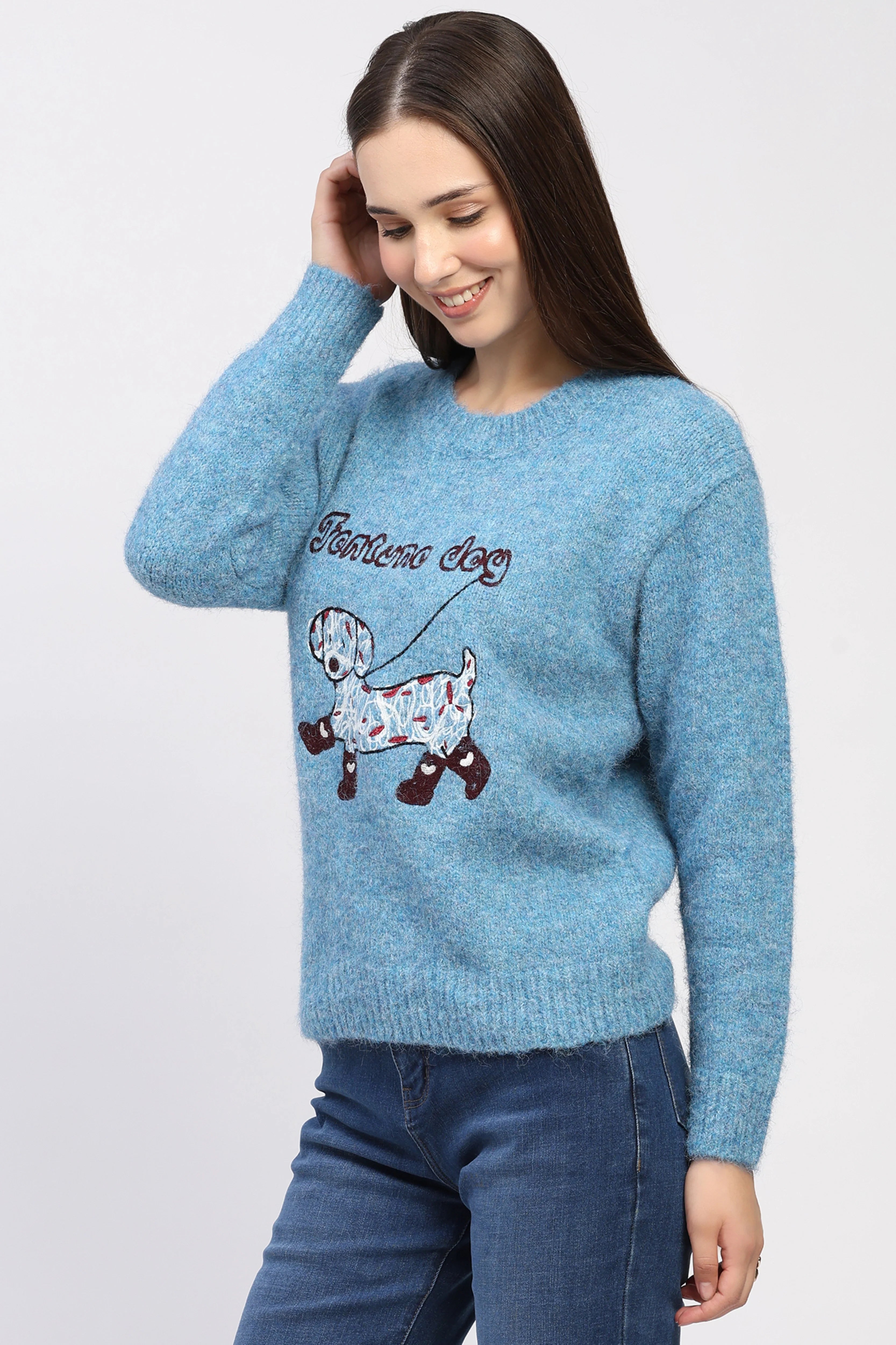 Blue Fortune Dog Embroidered Pullover