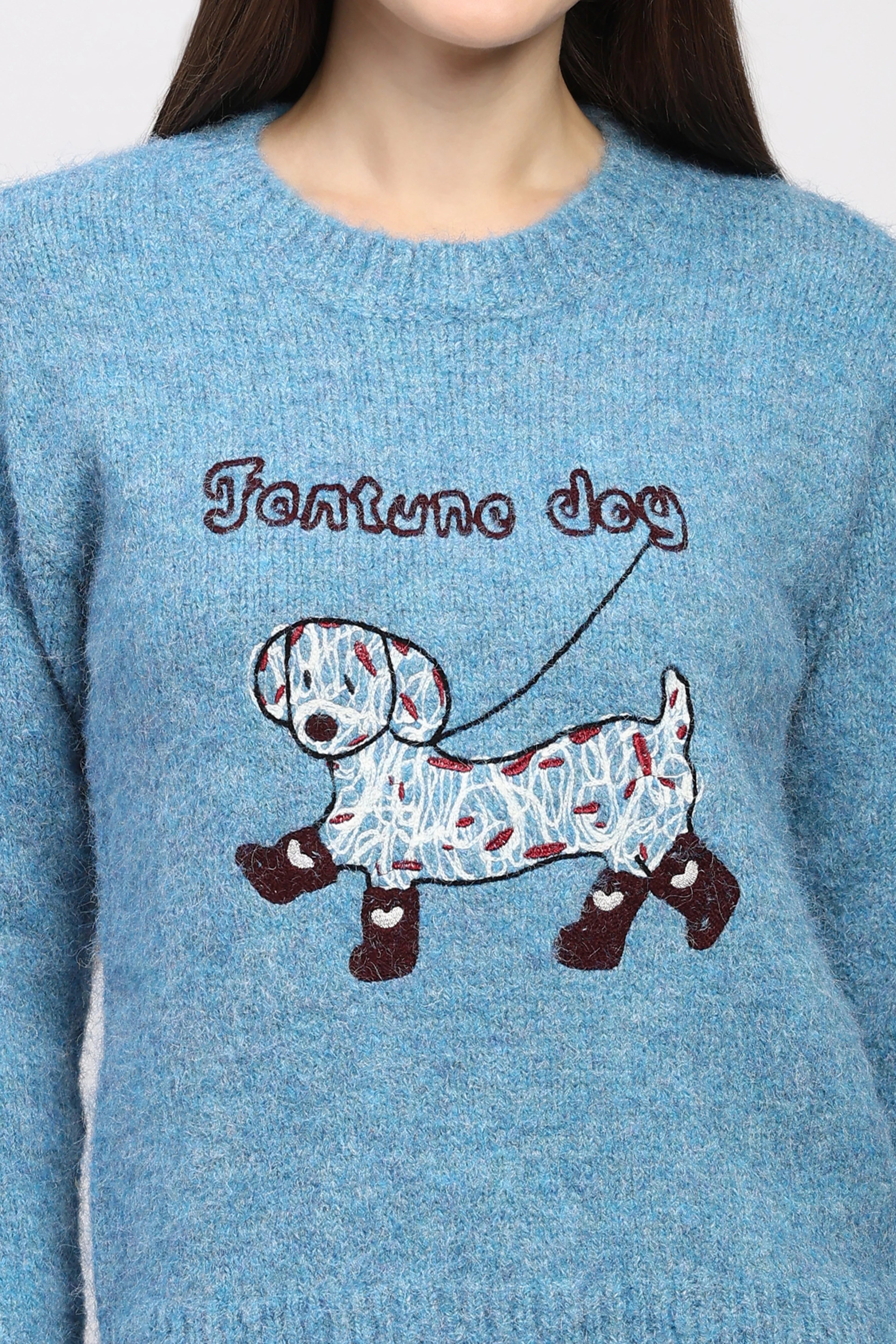 Blue Fortune Dog Embroidered Pullover