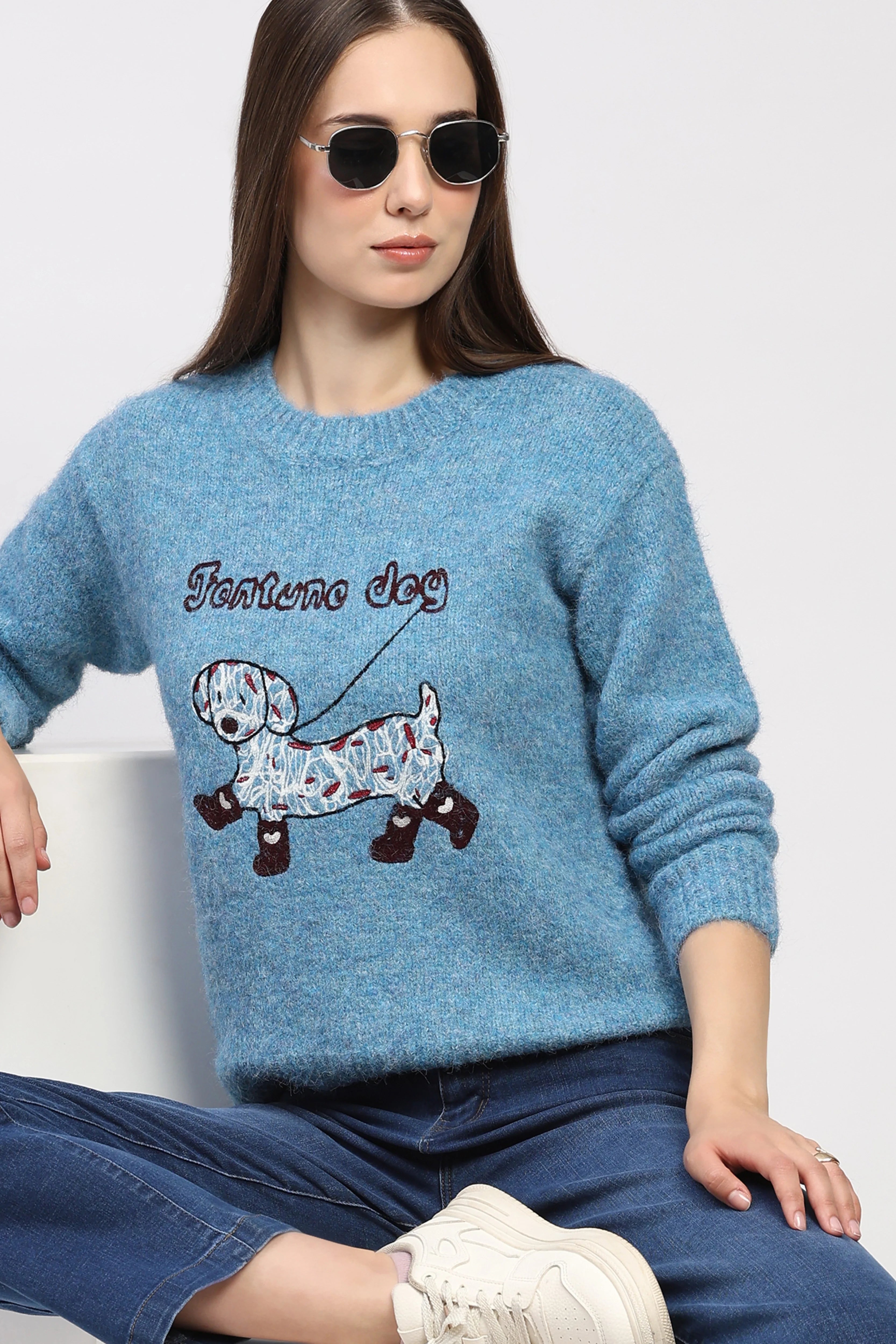 Blue Fortune Dog Embroidered Pullover