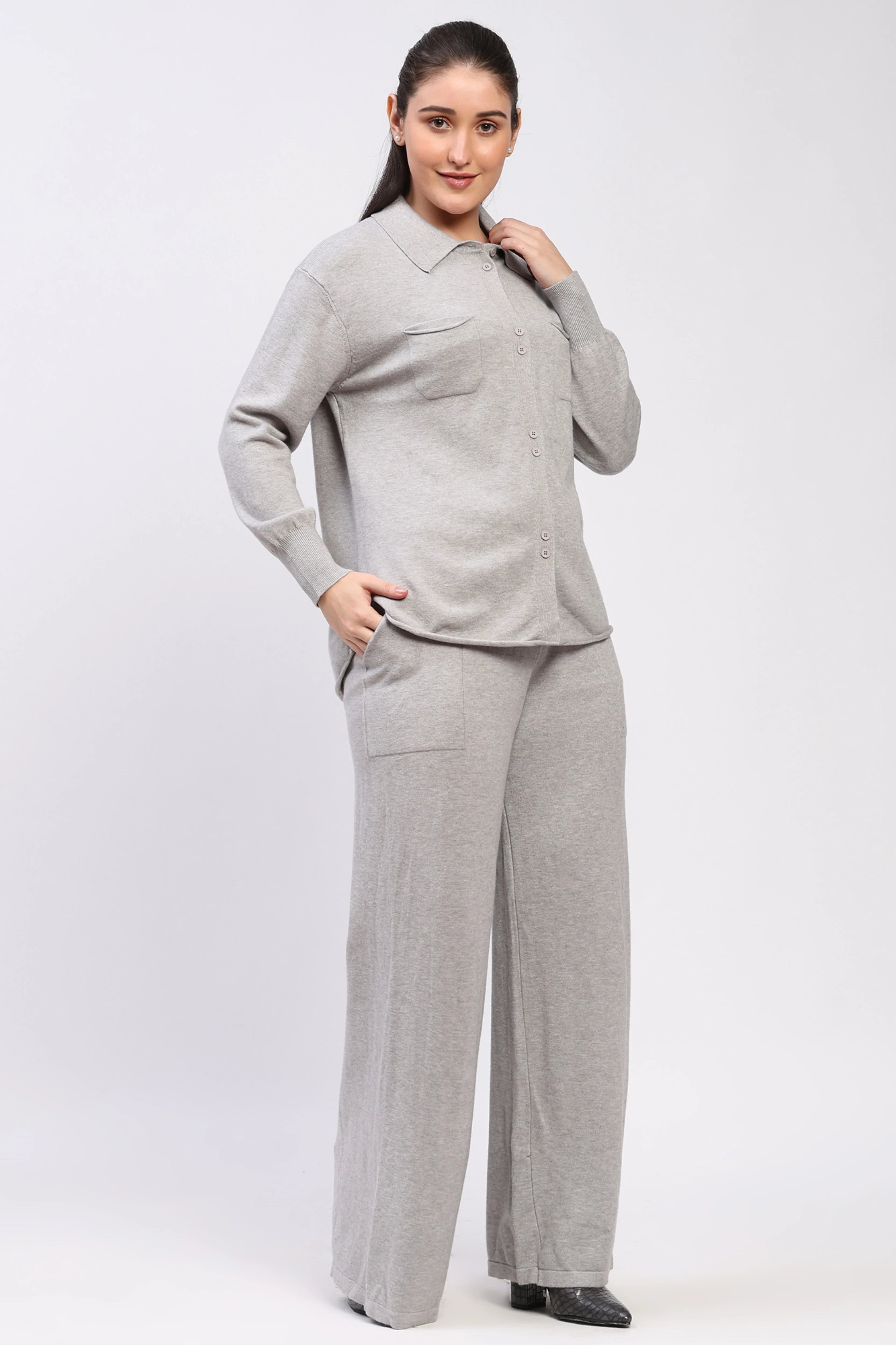 Light Grey Winter Knit Co-ord Set-Global Republic