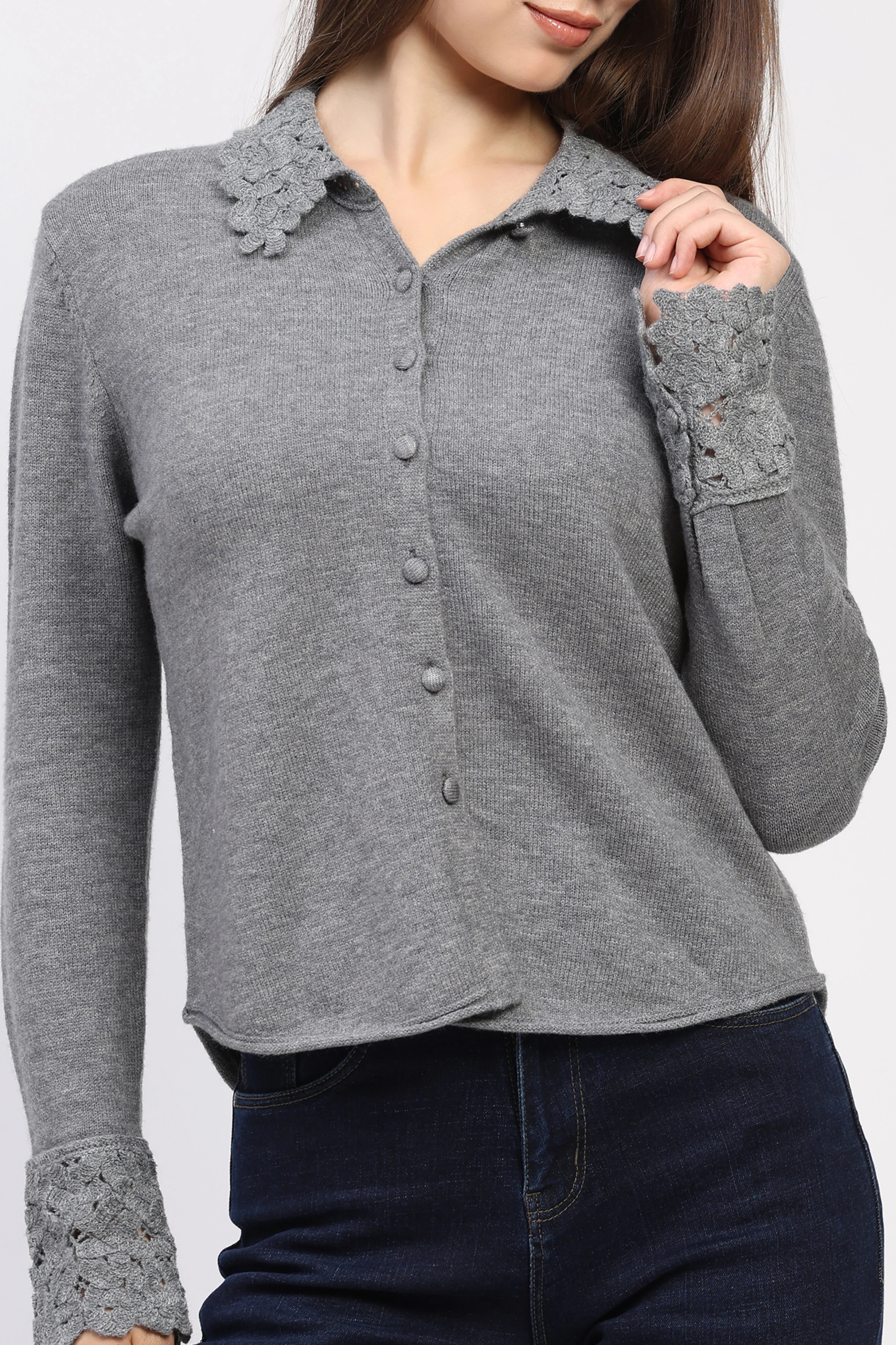 Grey Crochet Detail Winter Shirt