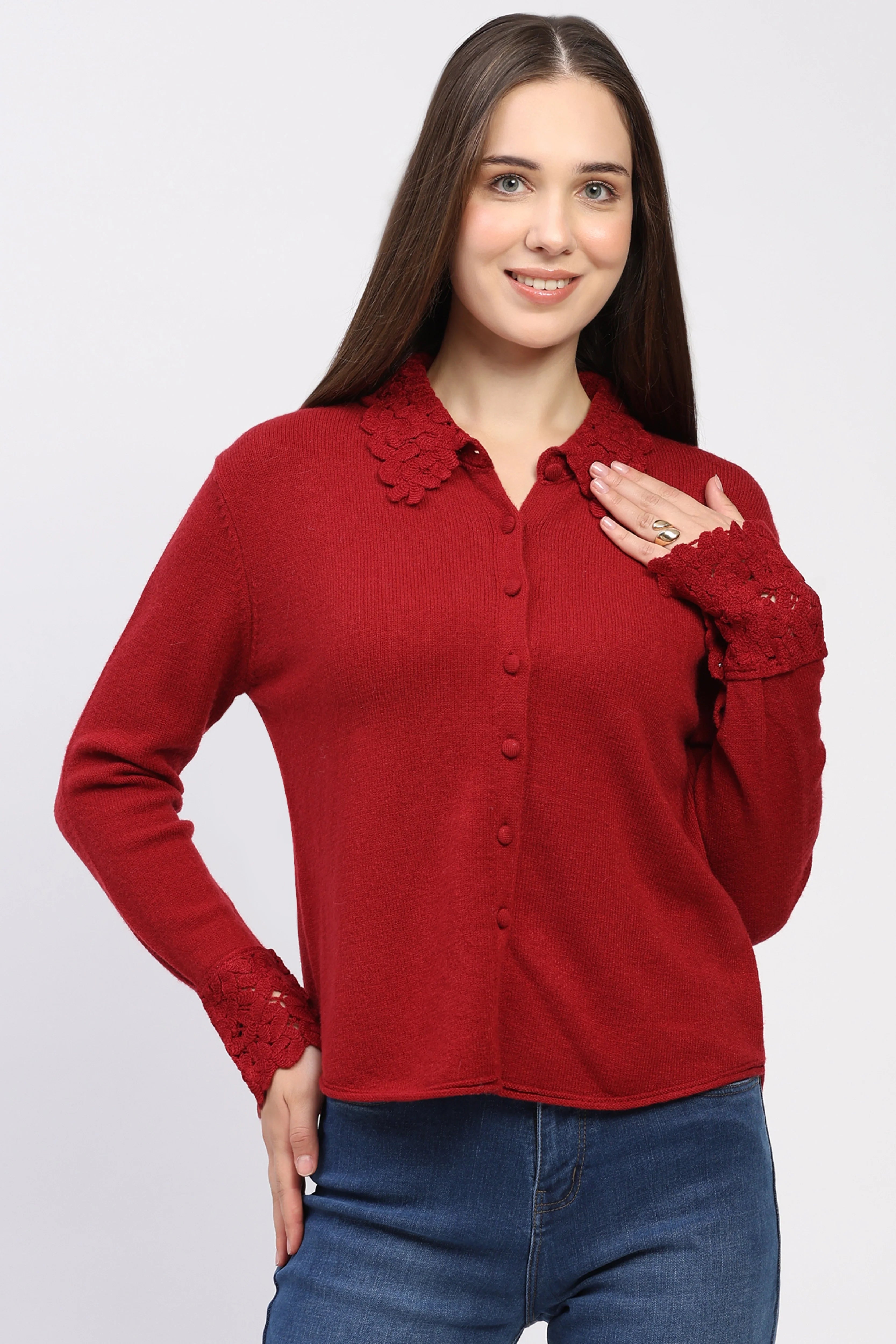 Red Crochet Detail Winter Shirt
