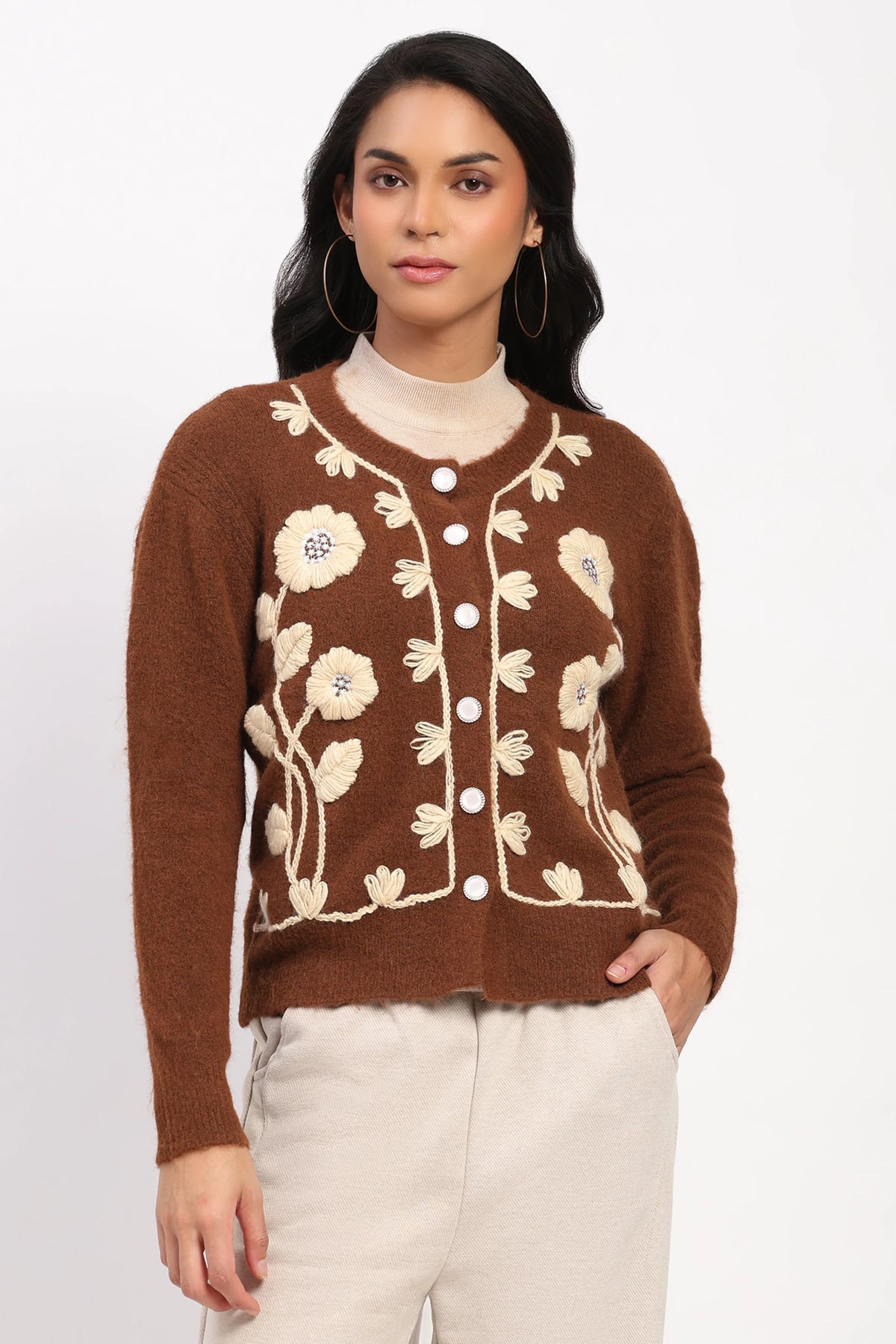 Brown Floral Embroidered Cardigan-Global Republic