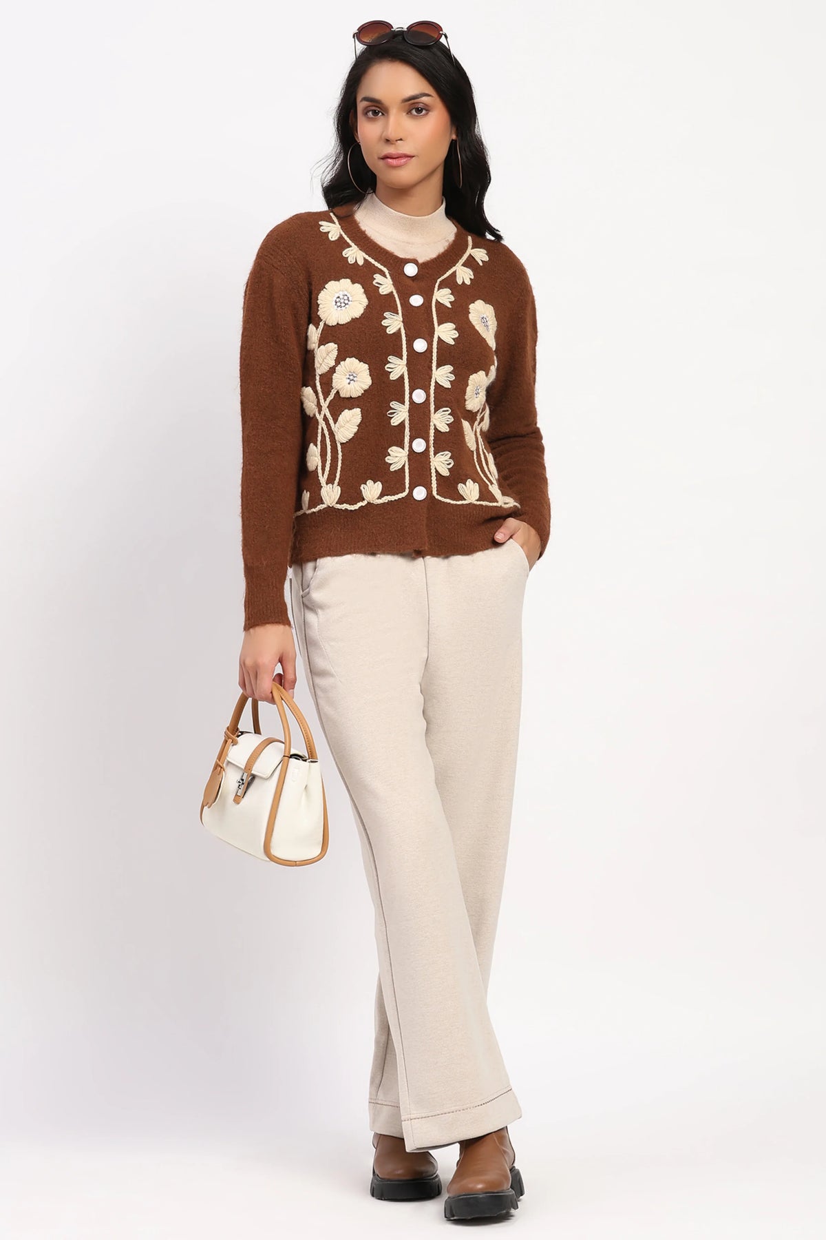 Brown Floral Embroidered Cardigan-Global Republic