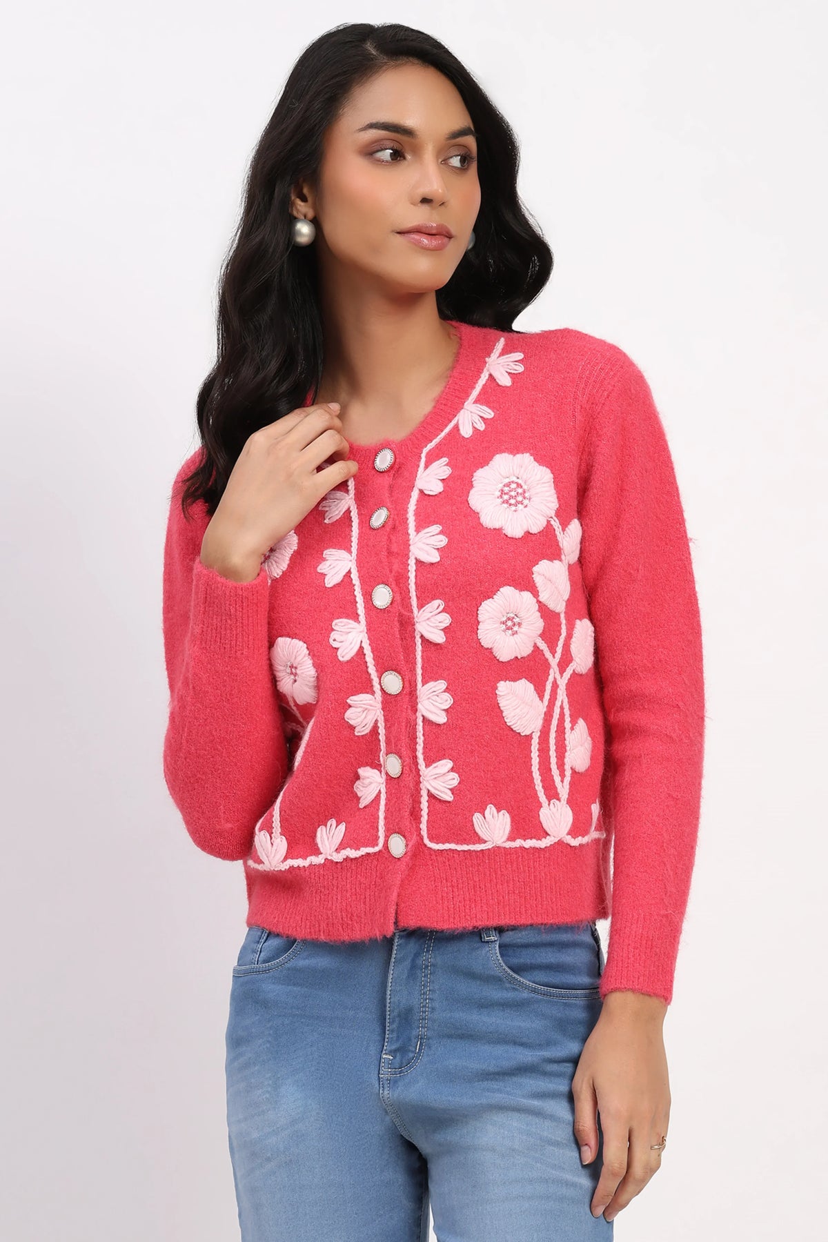 Fuchsia Floral Embroidered Cardigan-Global Republic