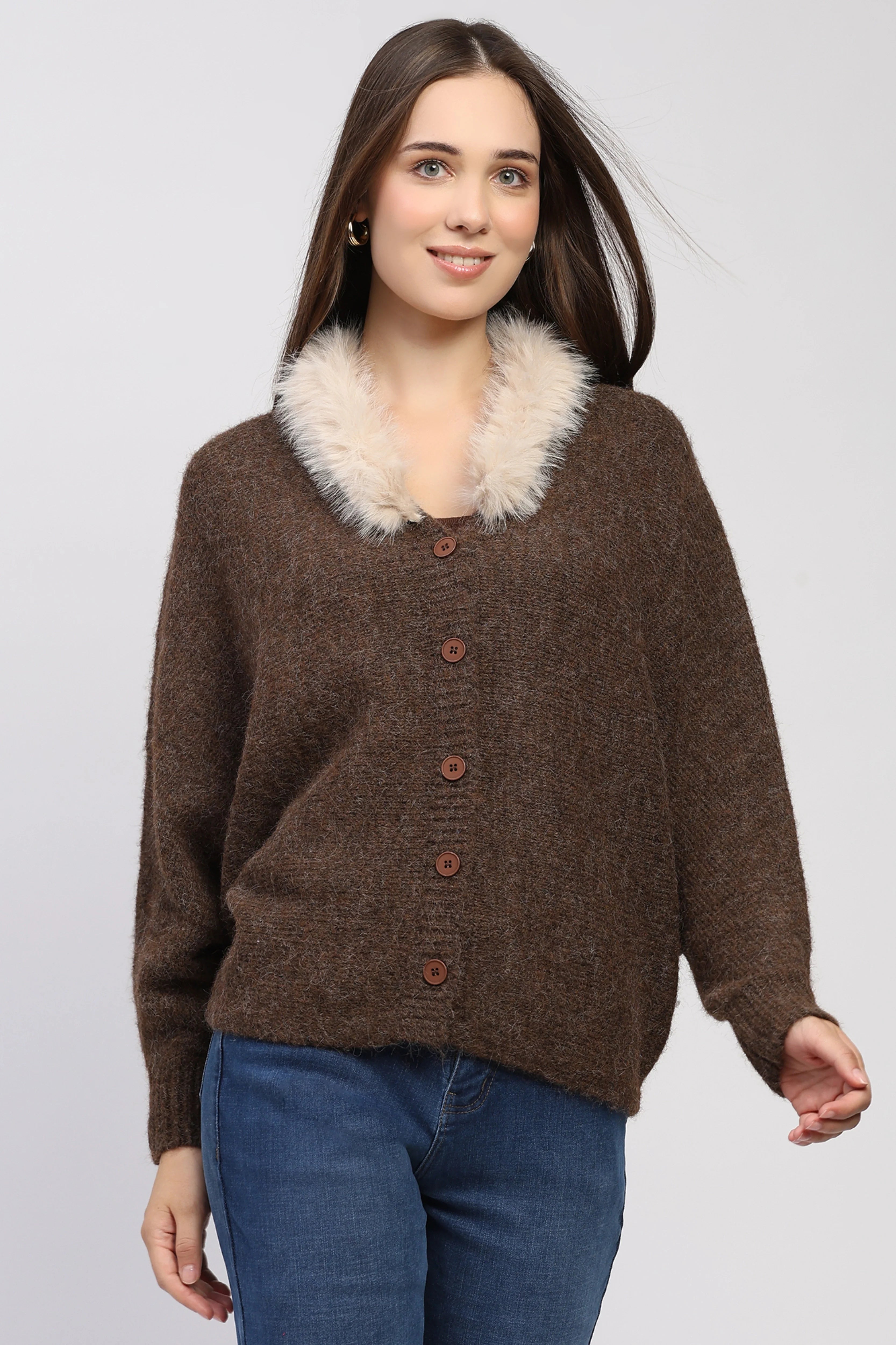 Brown Fur-Trimmed Cardigan