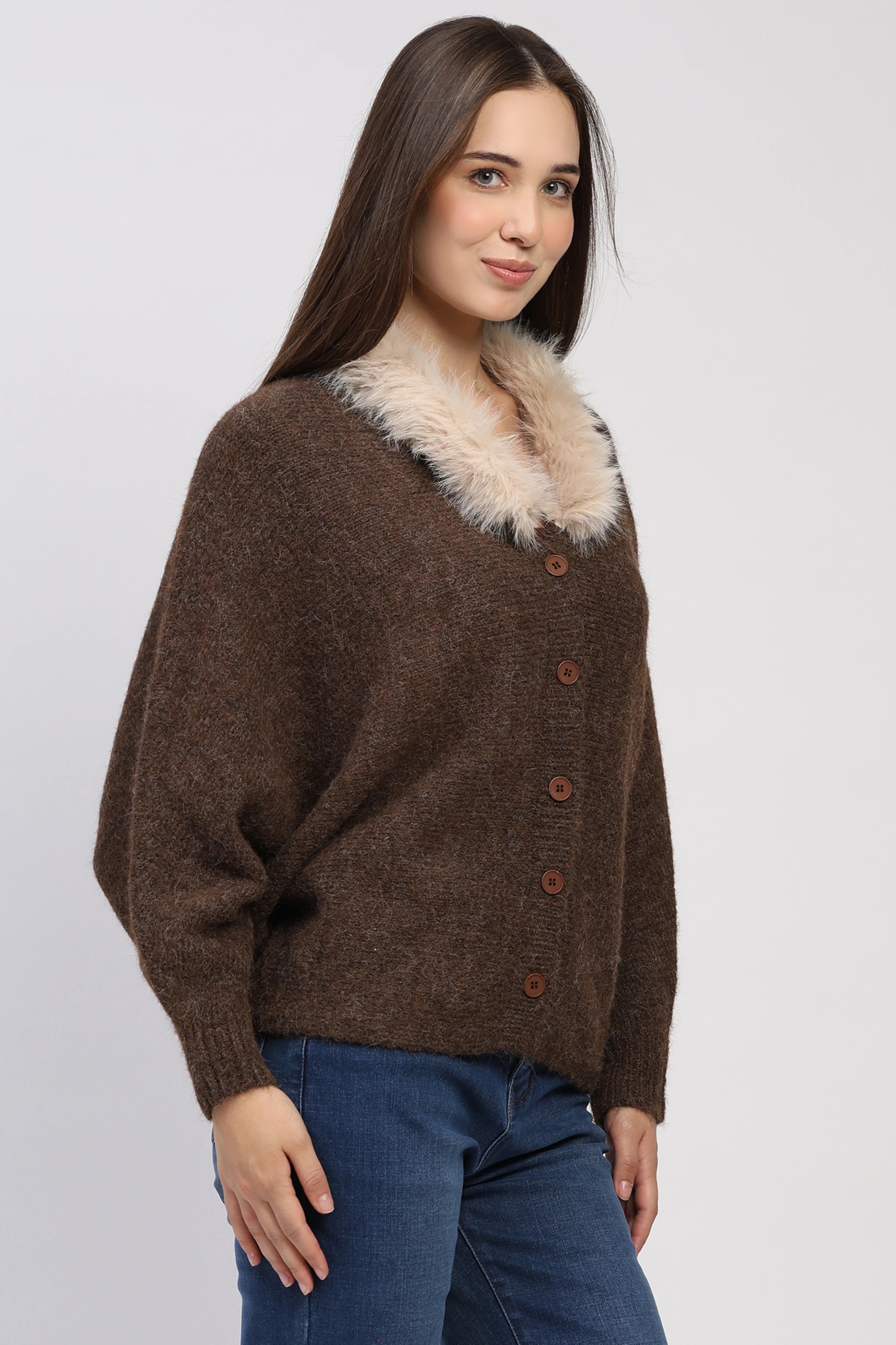 Brown Fur-Trimmed Cardigan