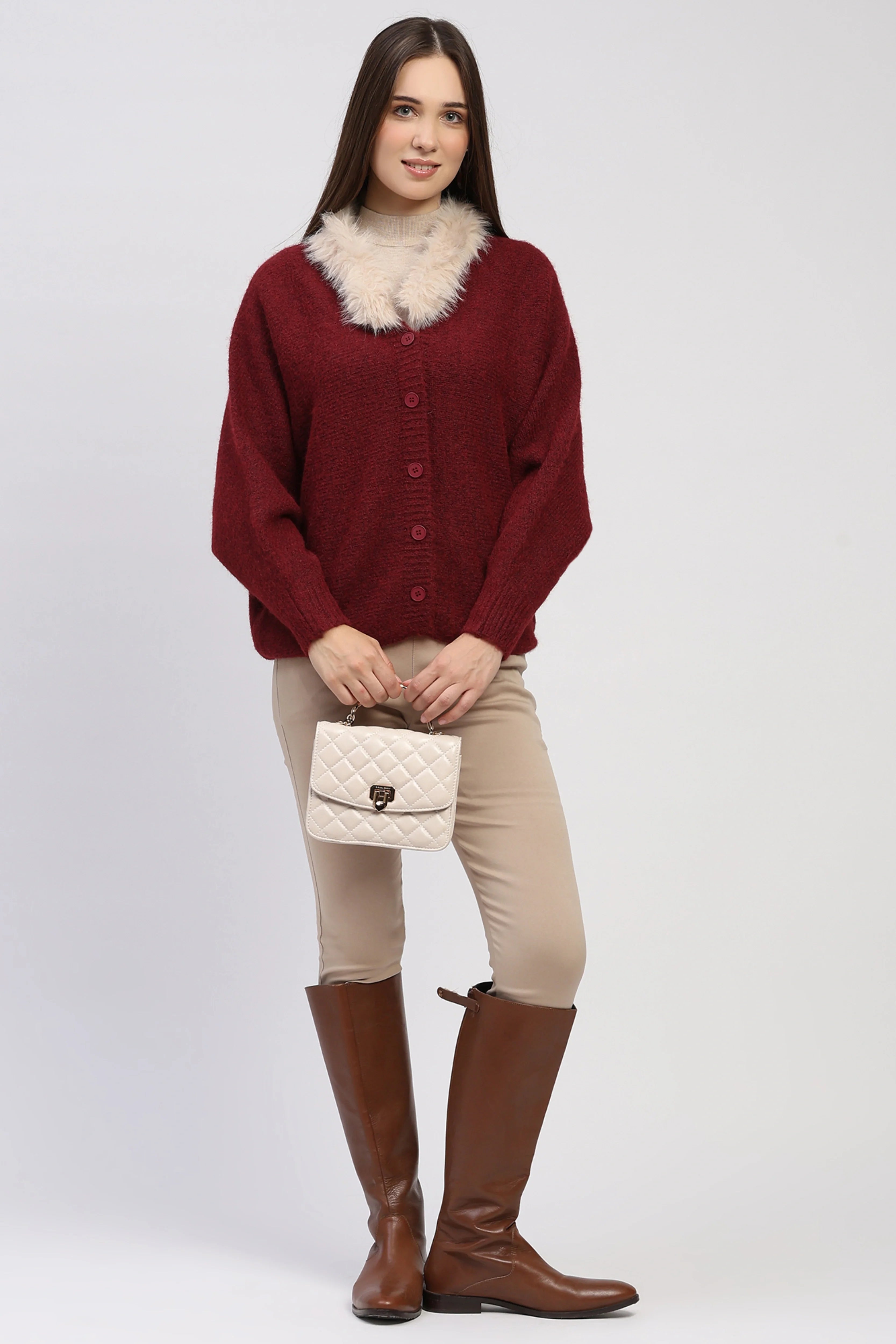Maroon Fur-Trimmed Cardigan
