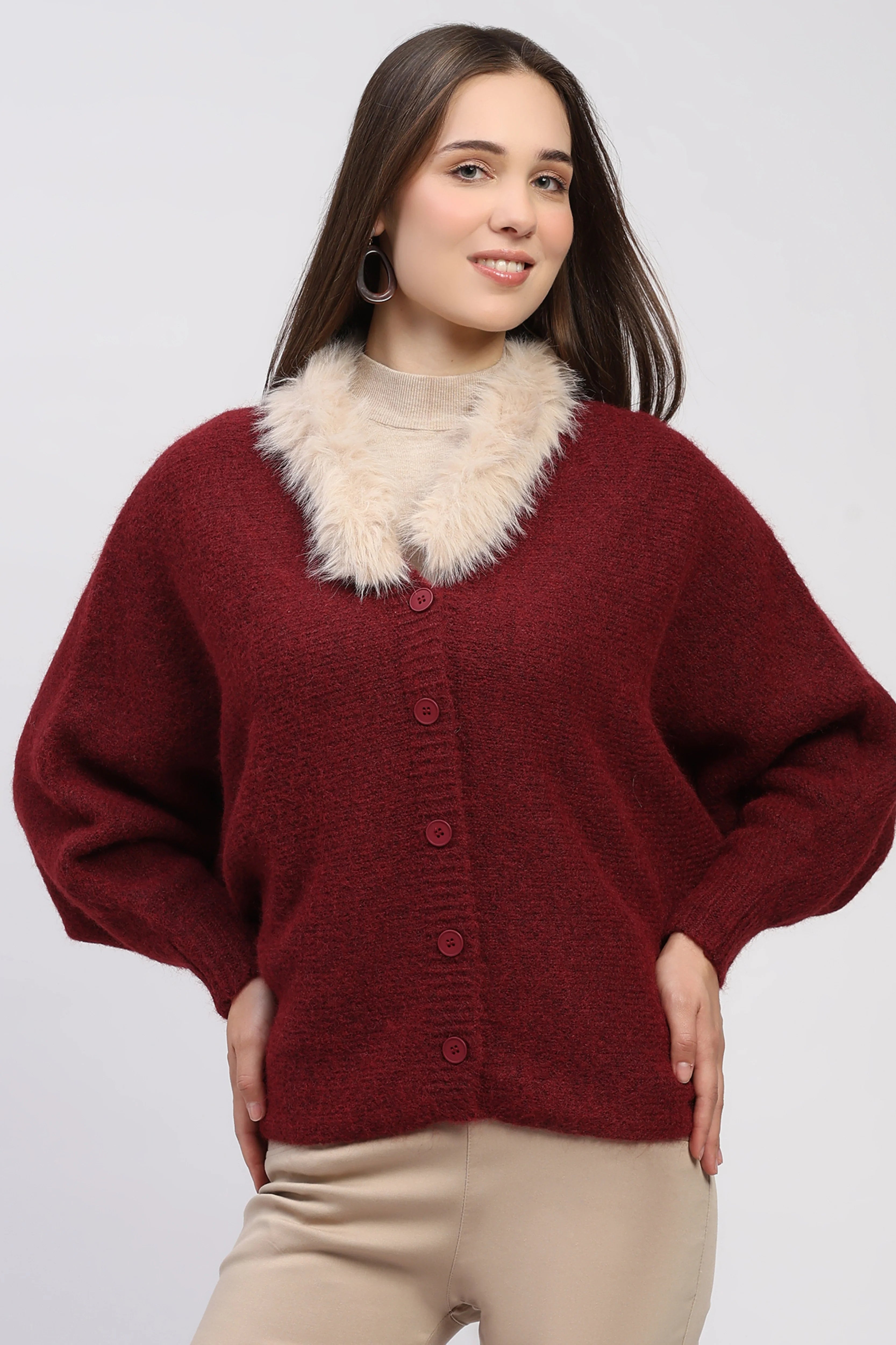 Maroon Fur-Trimmed Cardigan