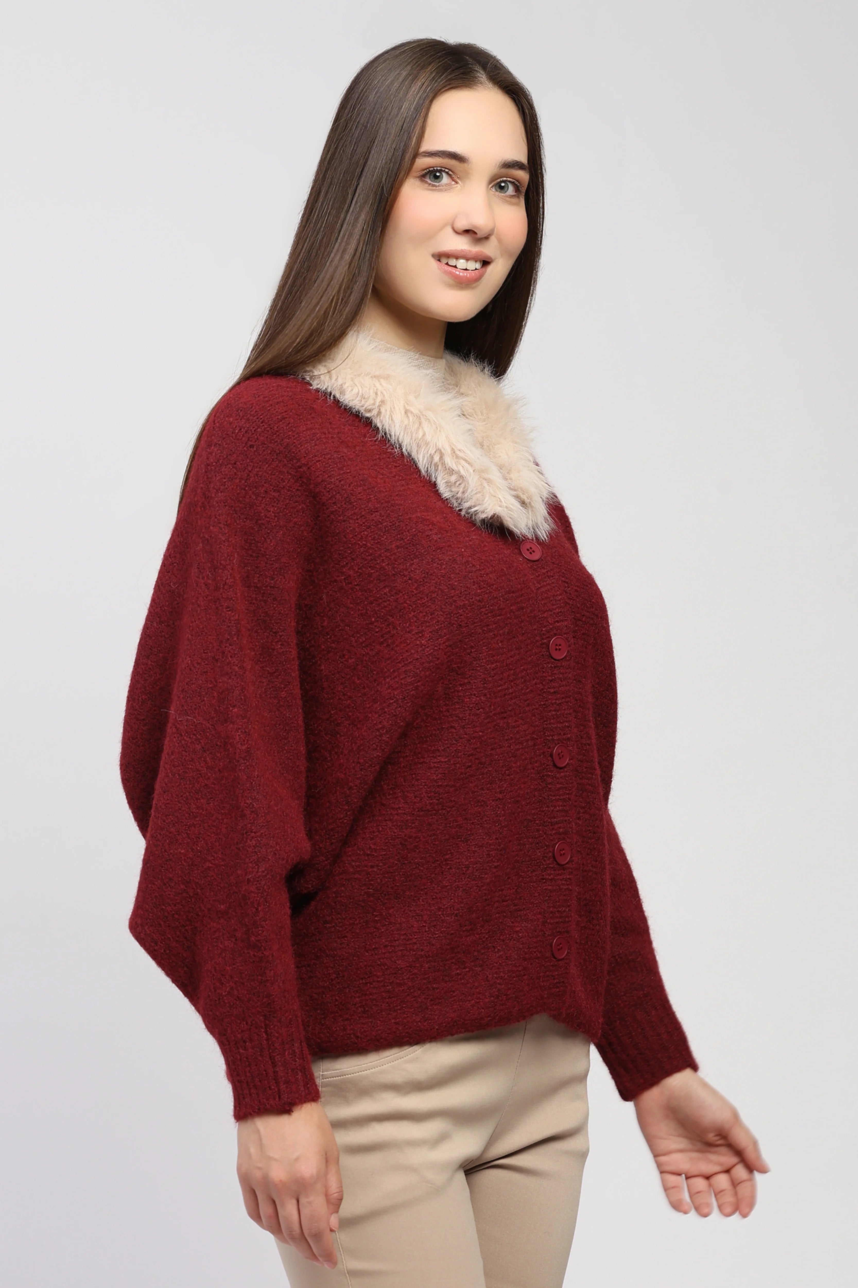 Maroon Fur-Trimmed Cardigan