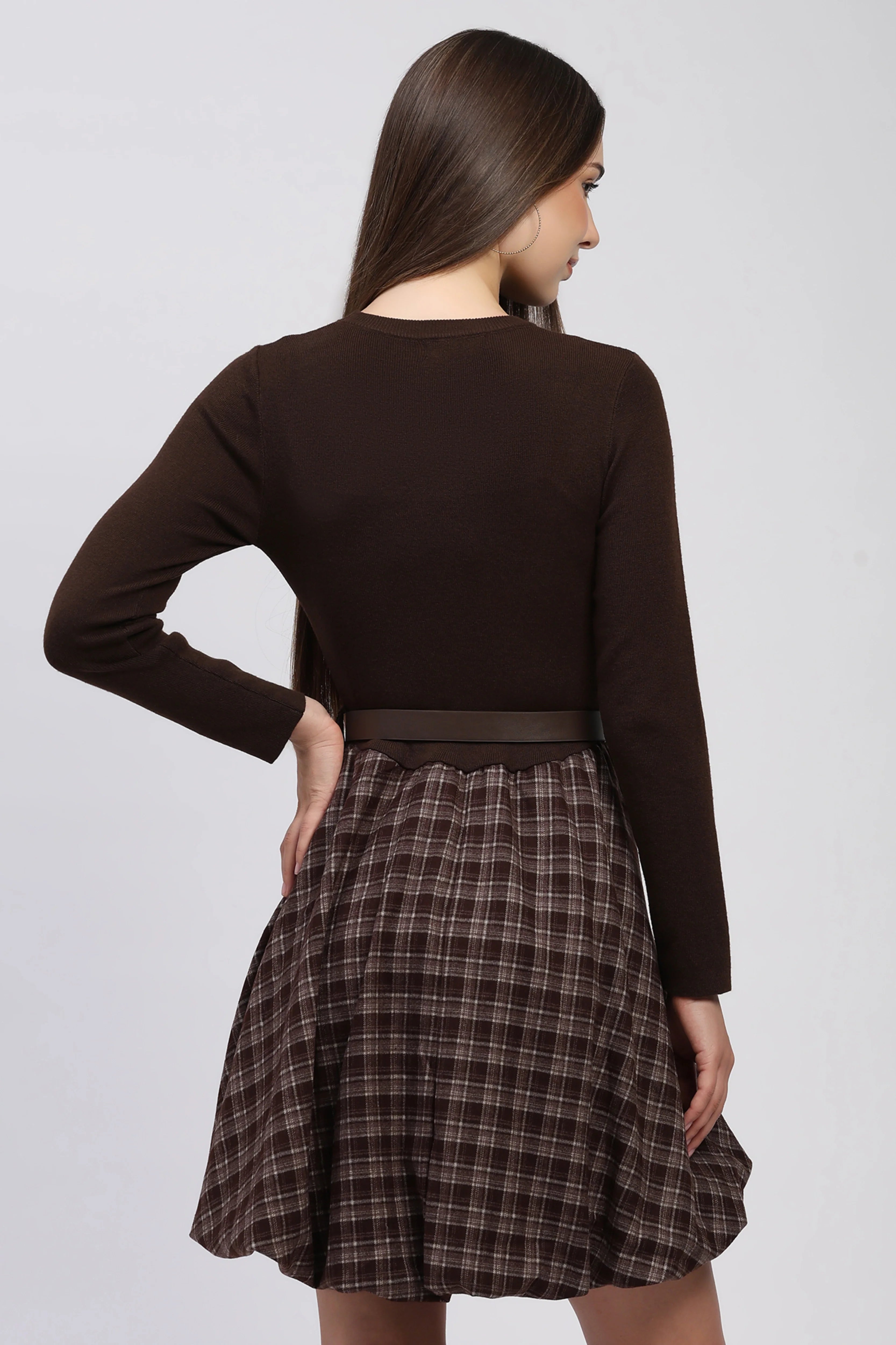 Belted Checkered Winter Dress