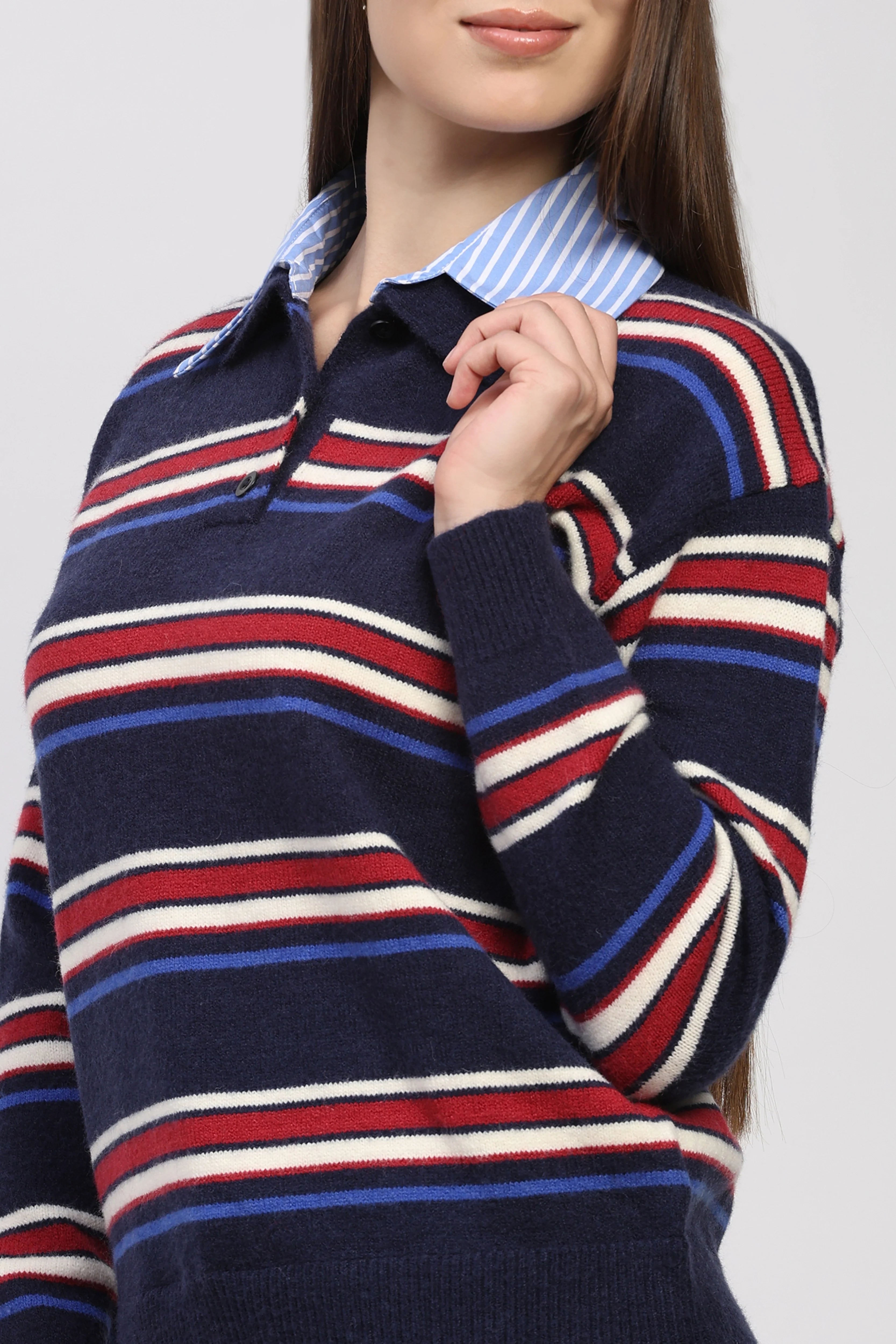 Navy Striped Shirt Collar Pullover