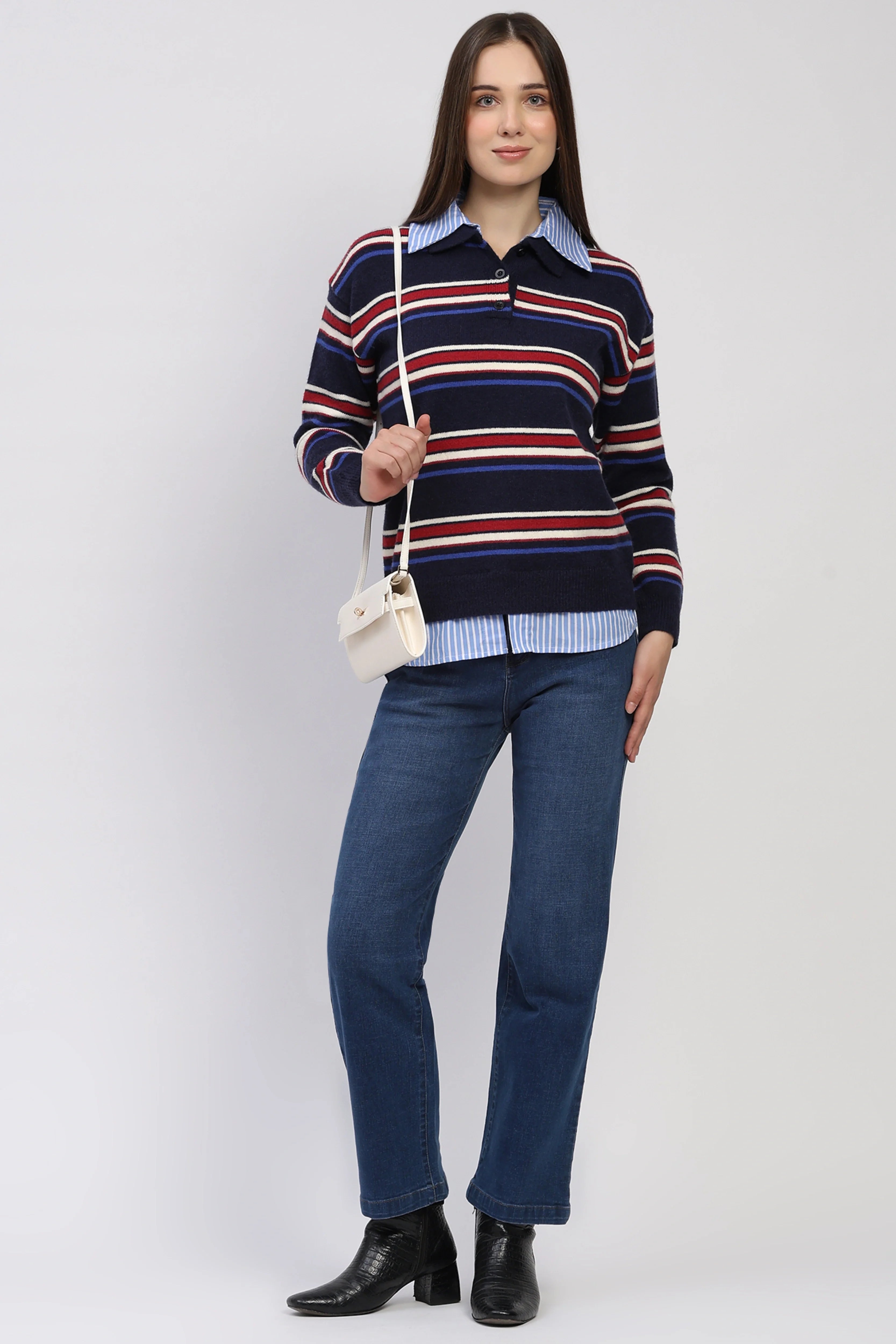Navy Striped Shirt Collar Pullover