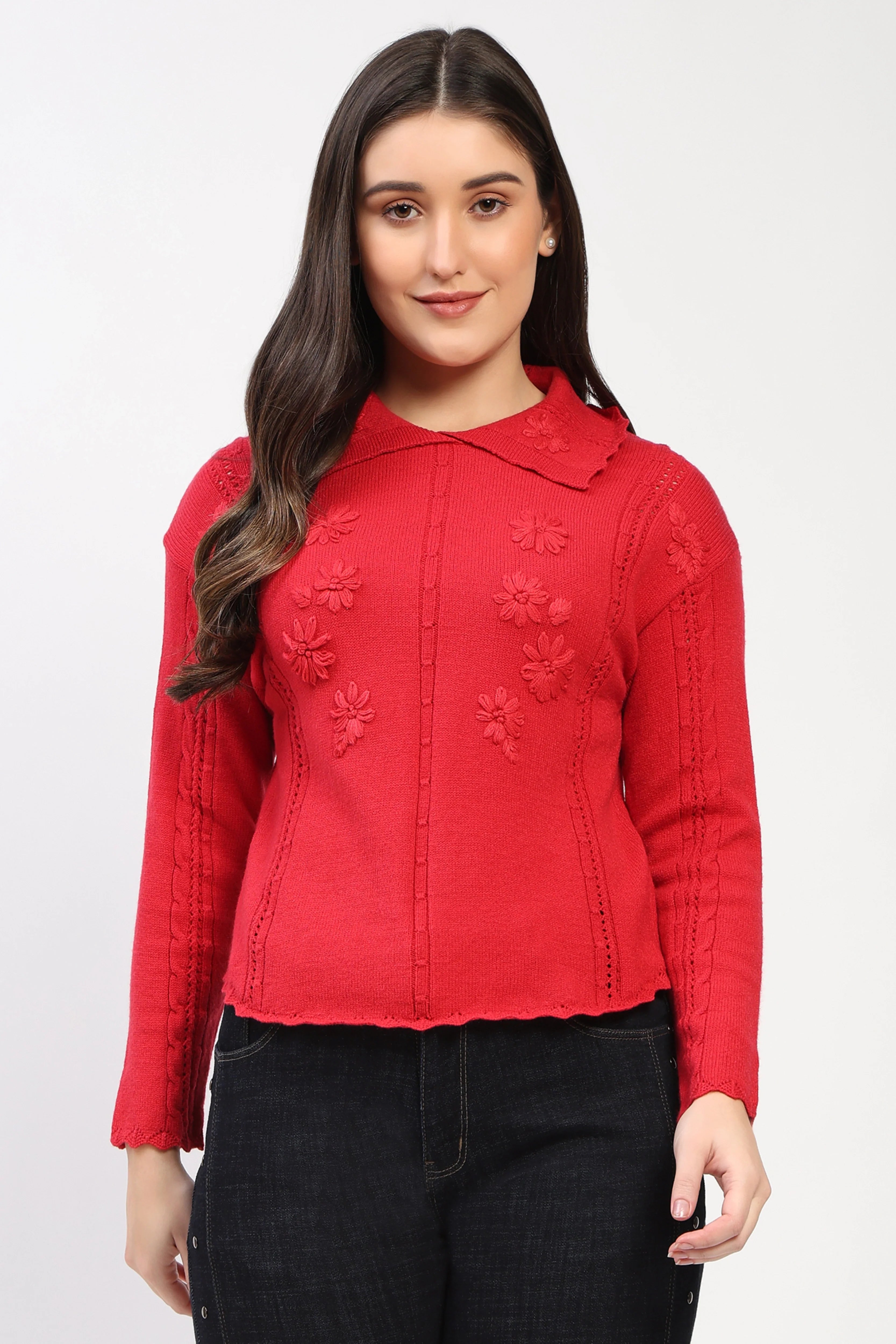 Red Floral Embroidered Pullover-Global Republic