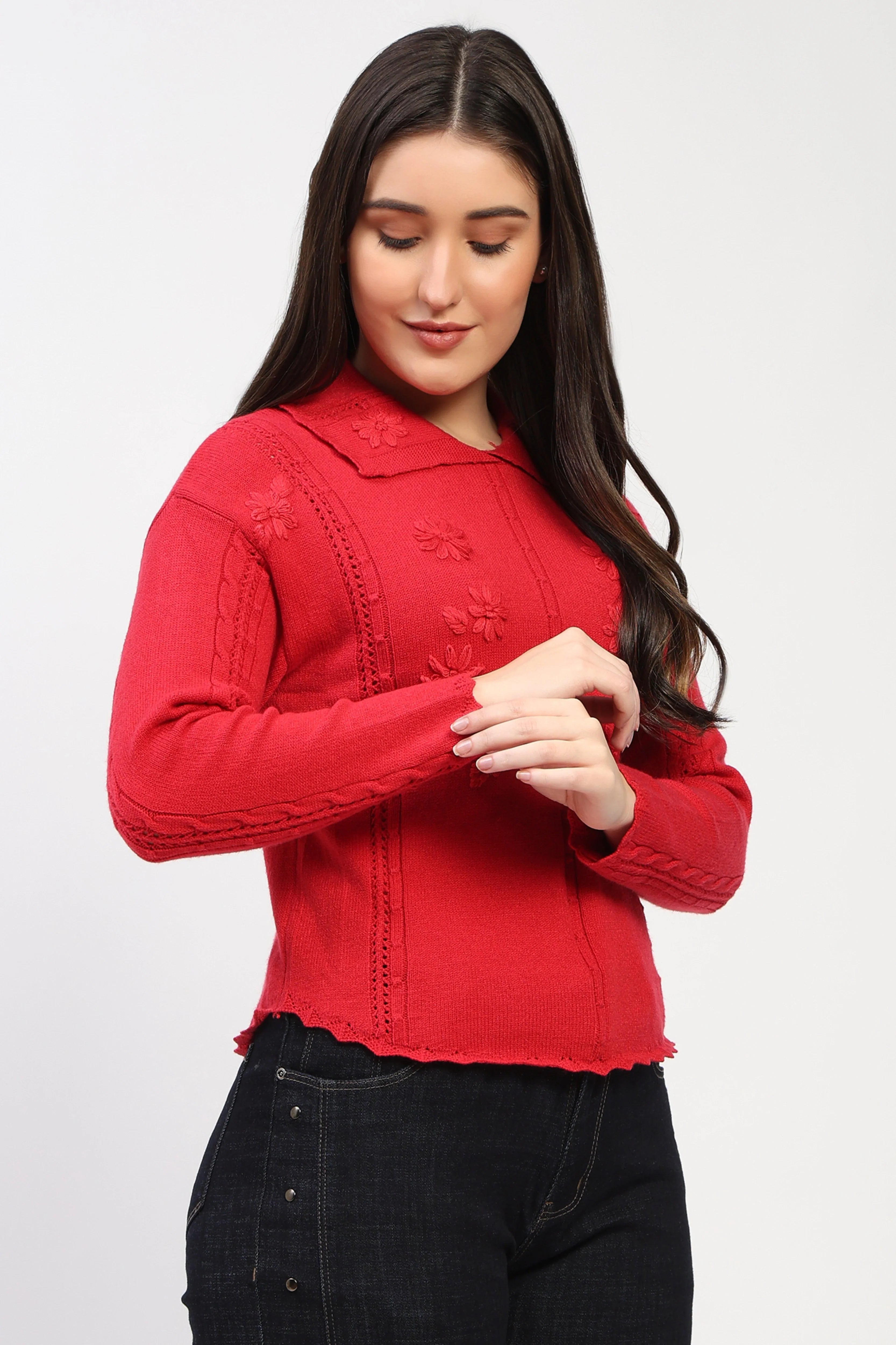 Red Floral Embroidered Pullover-Global Republic