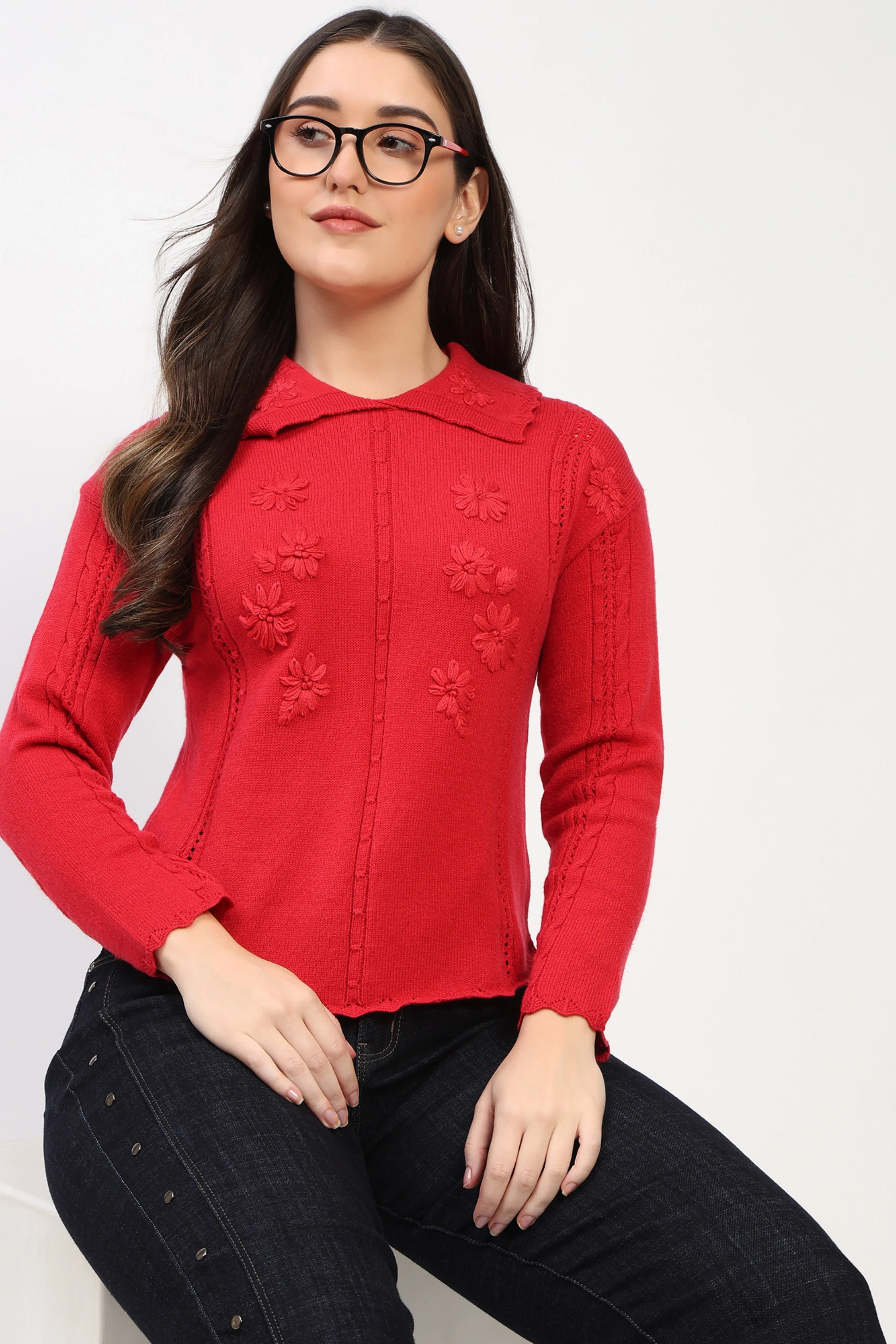 Red Floral Embroidered Pullover-Global Republic