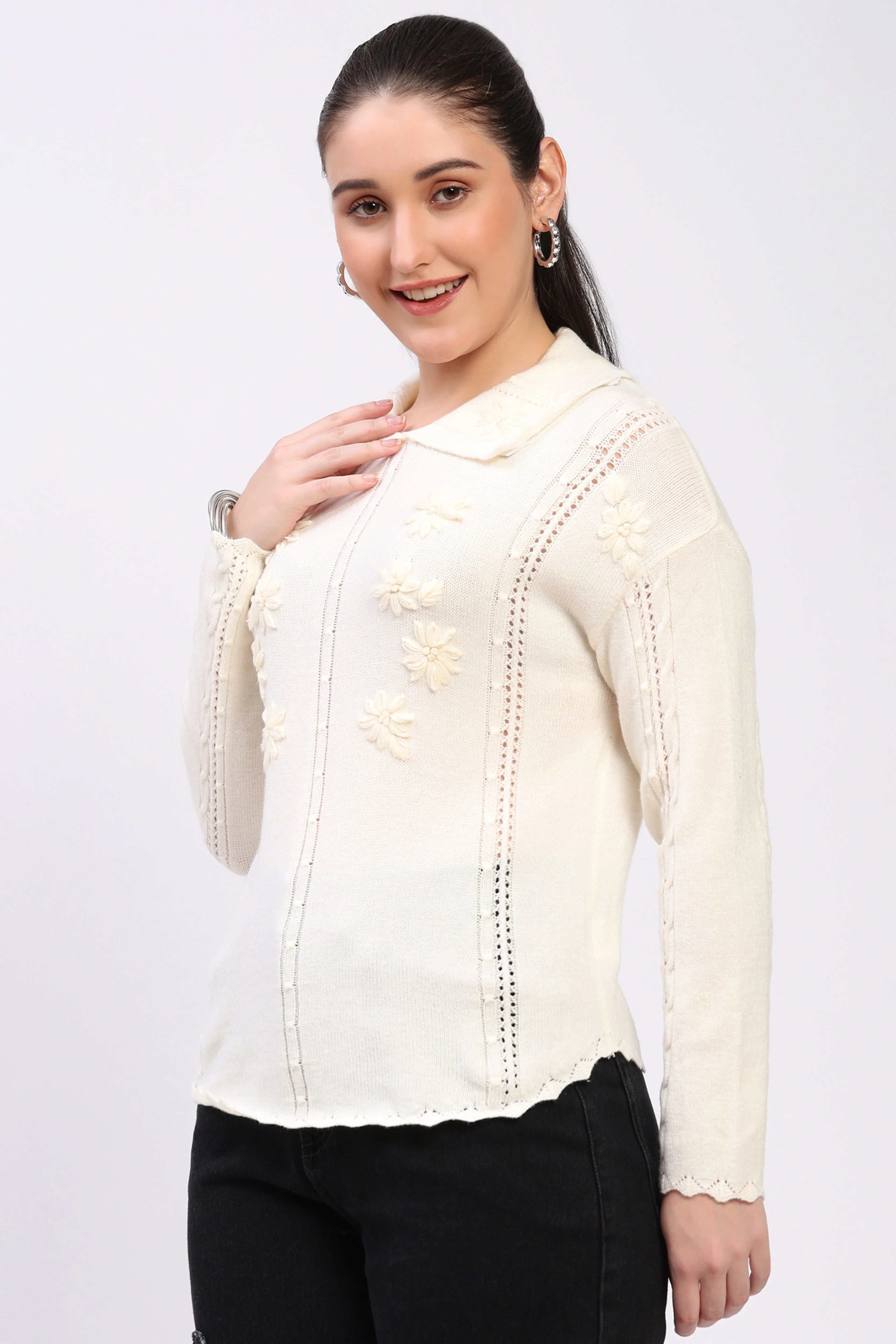Off-White Floral Embroidered Pullover-Global Republic