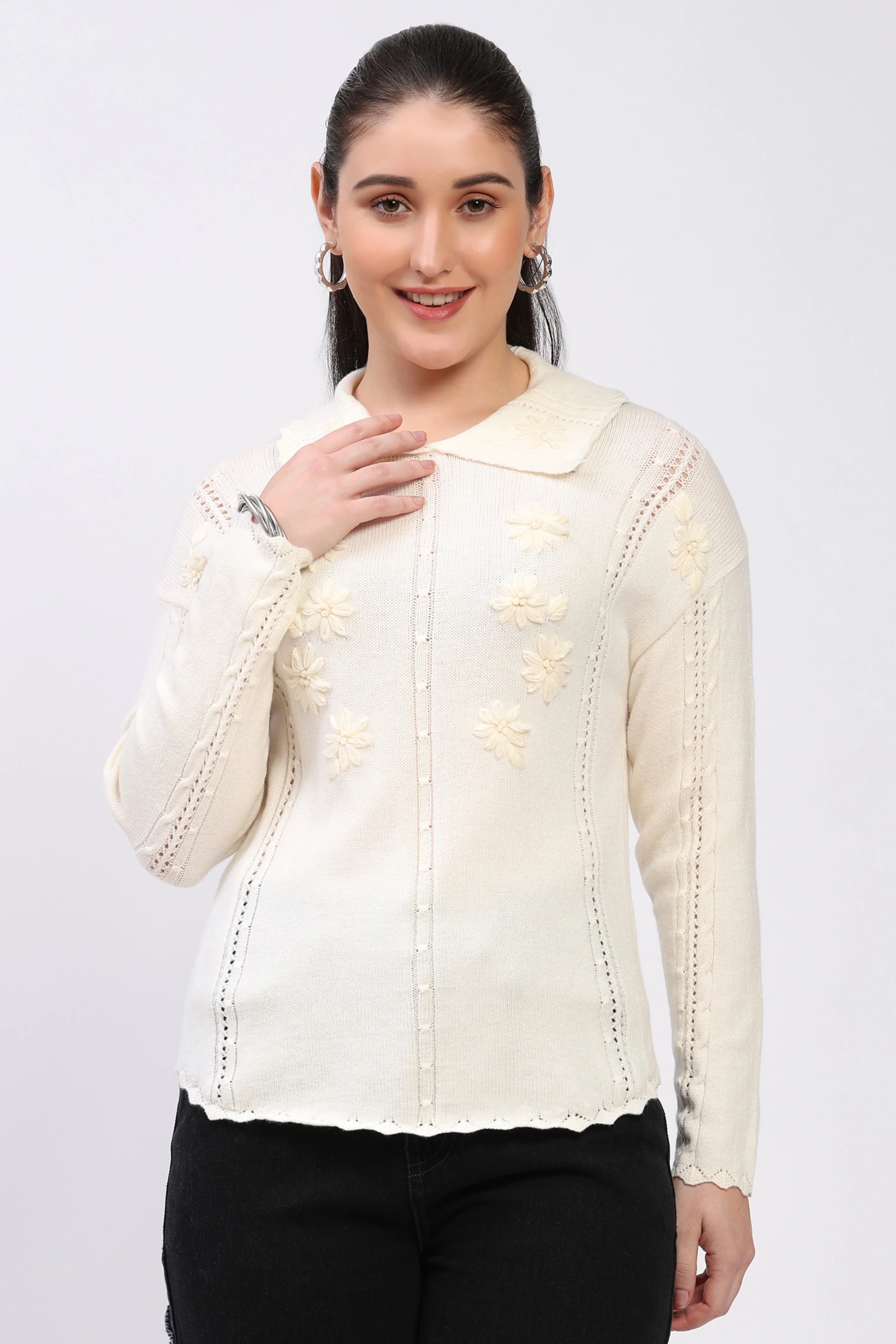 Off-White Floral Embroidered Pullover-Global Republic