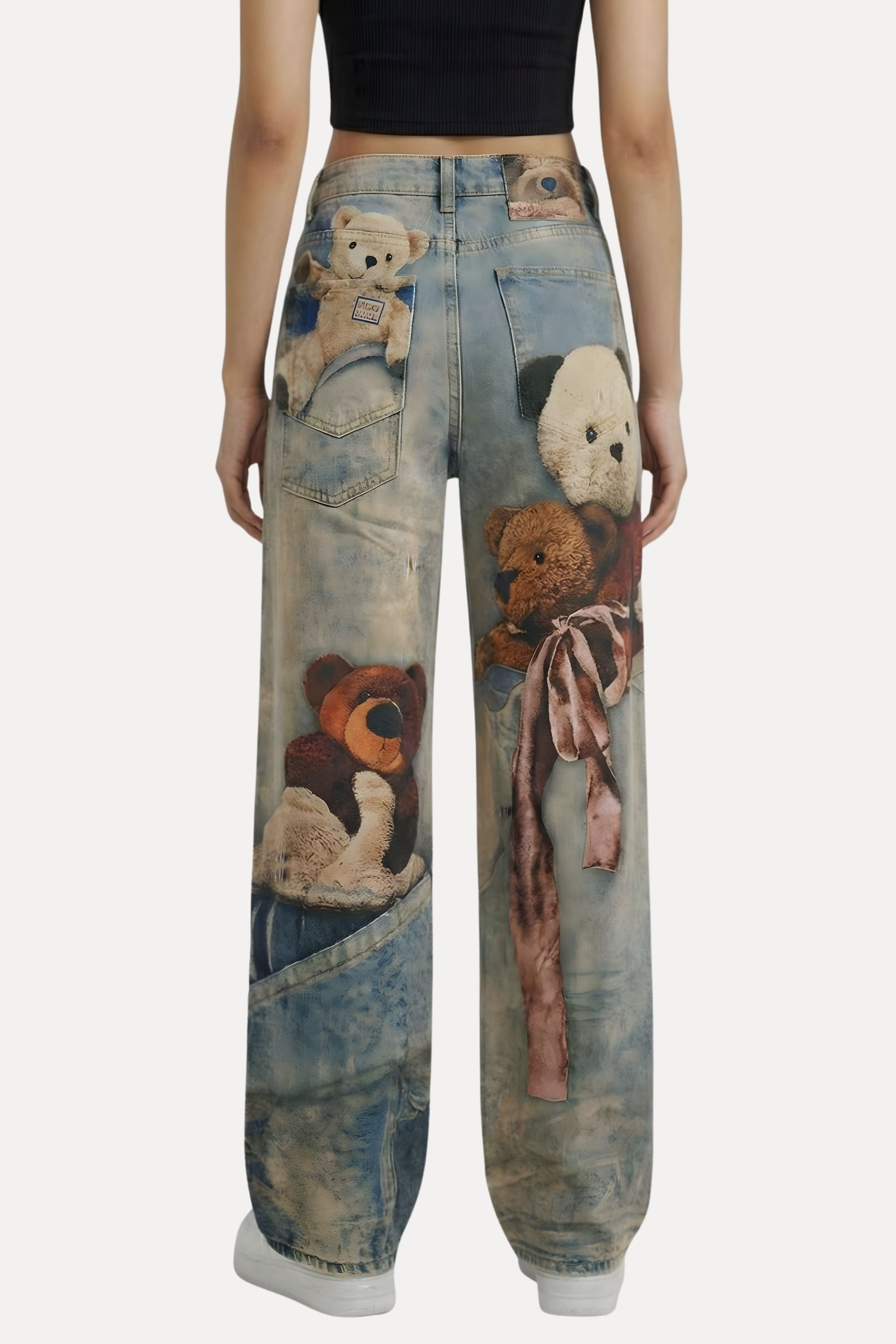 Blue Teddy Placement Print Baggy Jeans