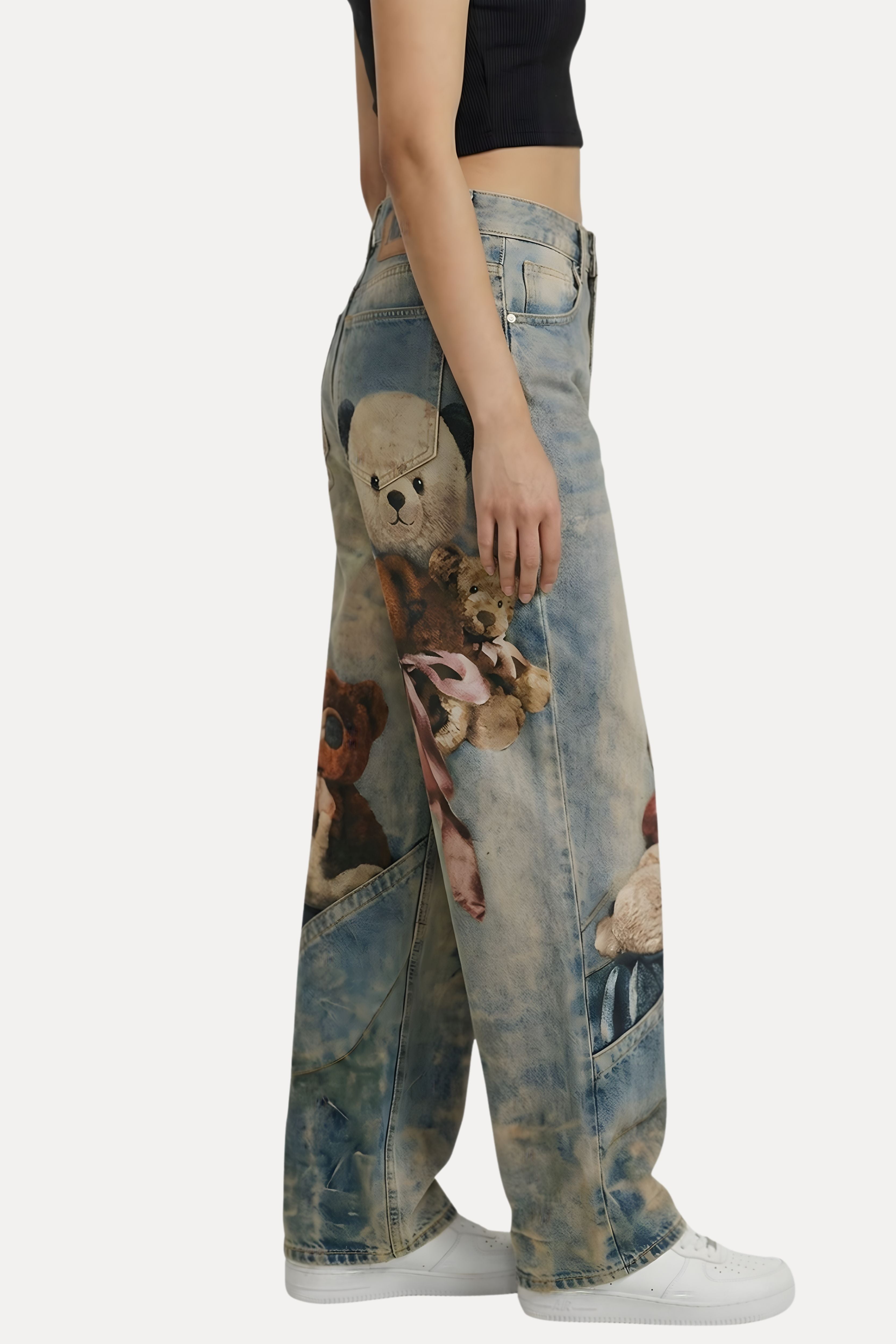 Blue Teddy Placement Print Baggy Jeans