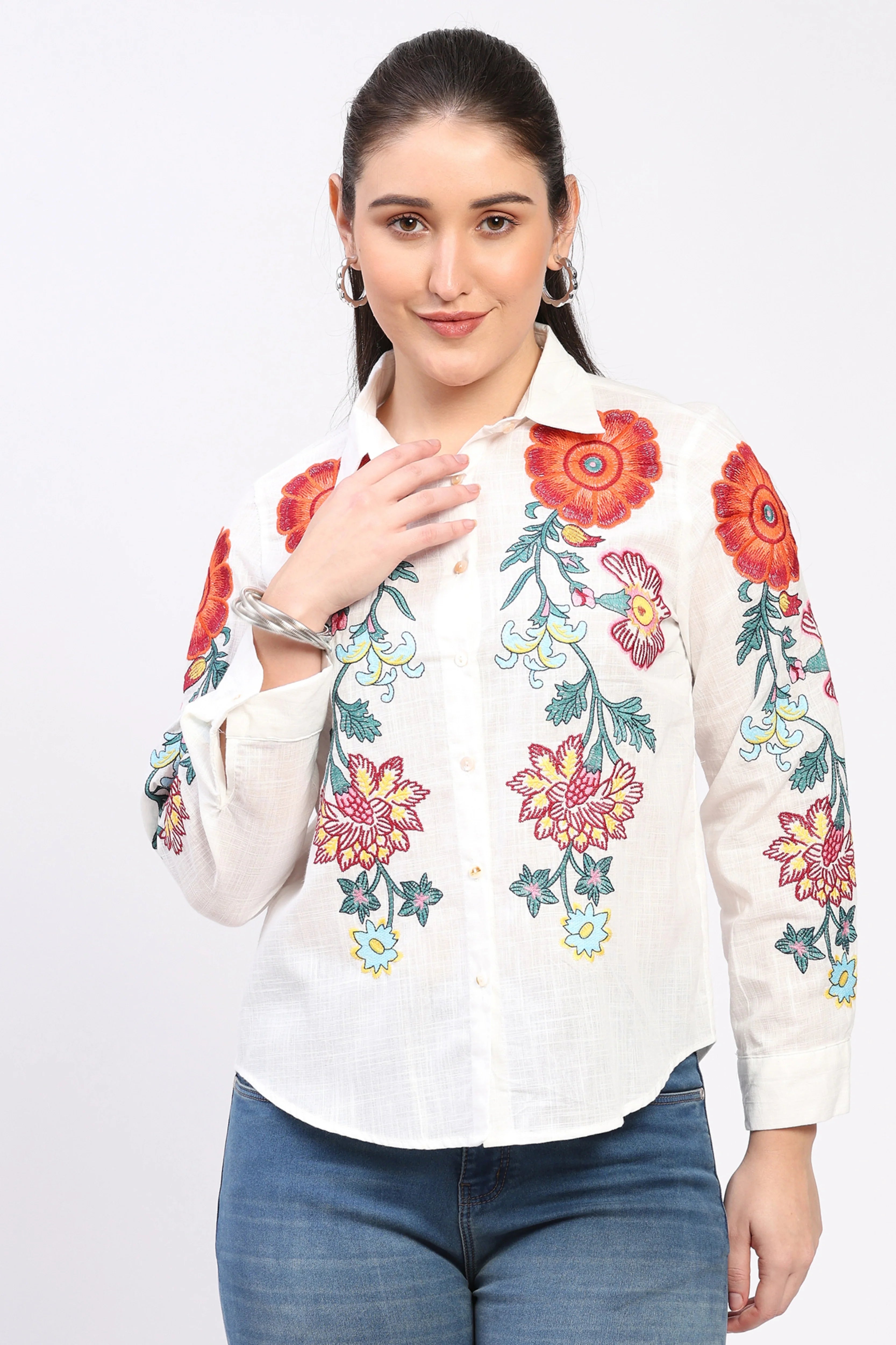 White Floral Embroidered Cotton Shirt-Global Republic