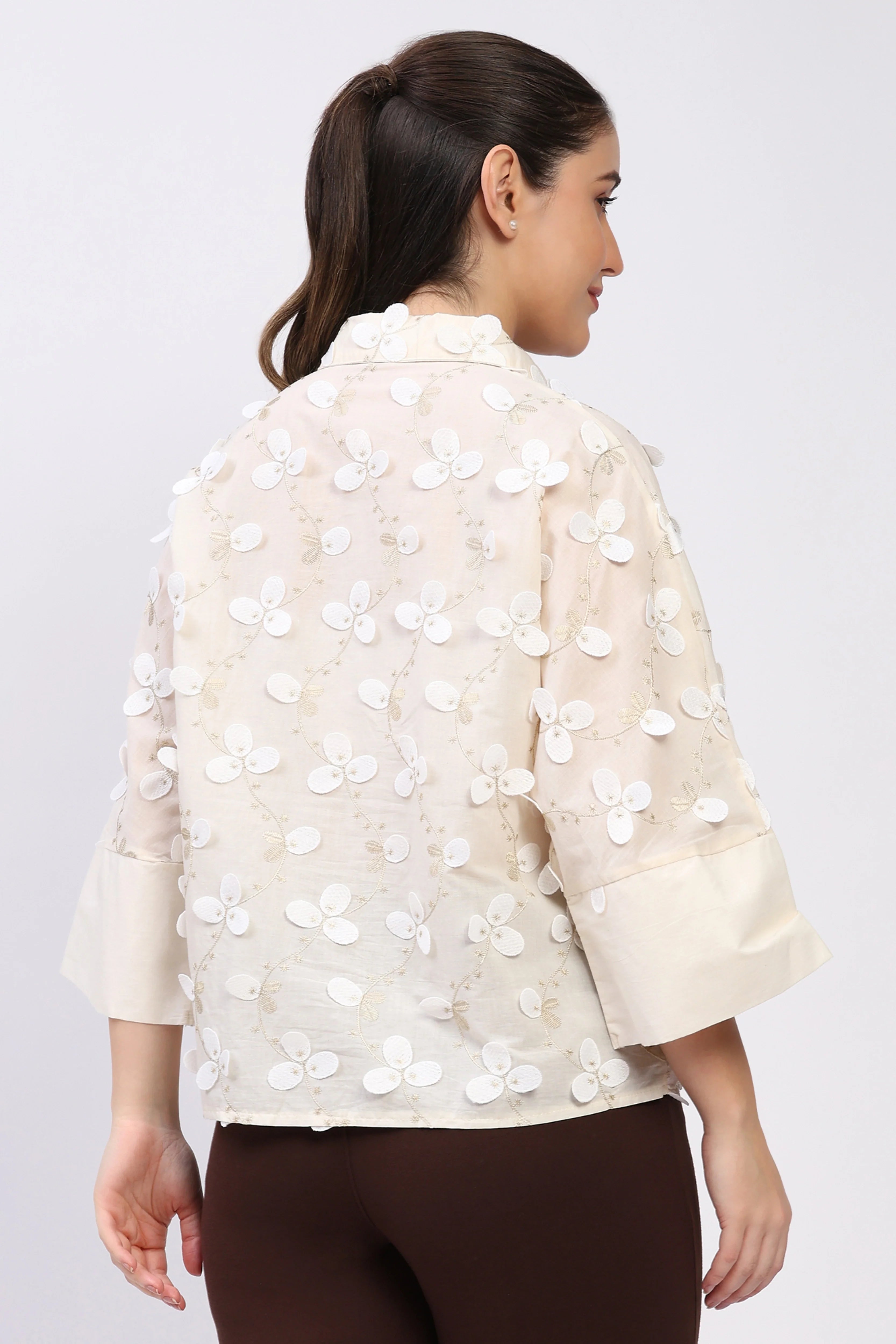Cream Floral Embellished Shirt-Global Republic