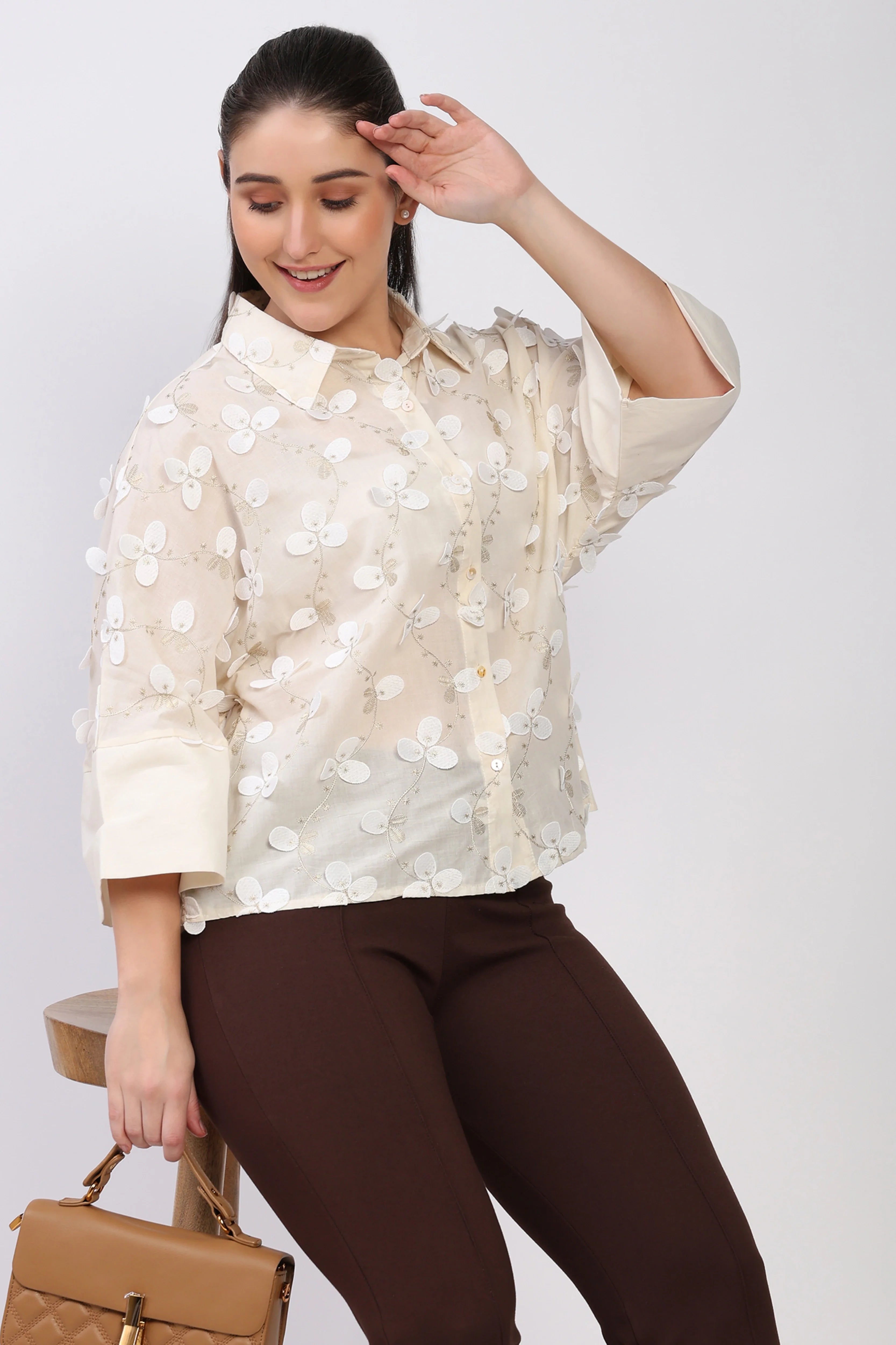 Cream Floral Embellished Shirt-Global Republic