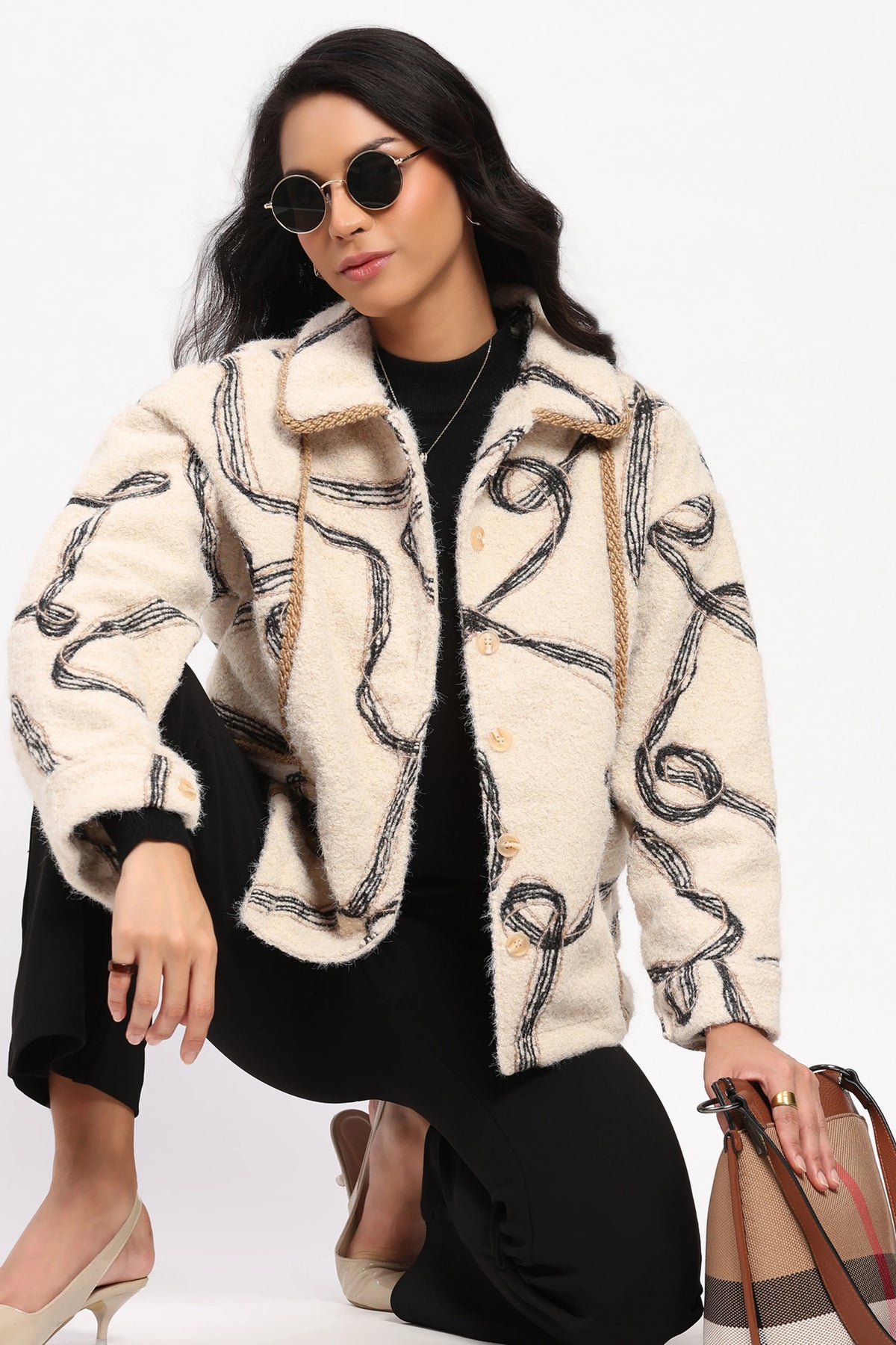 Cream Abstract Wool-Blend Shacket-Global Republic