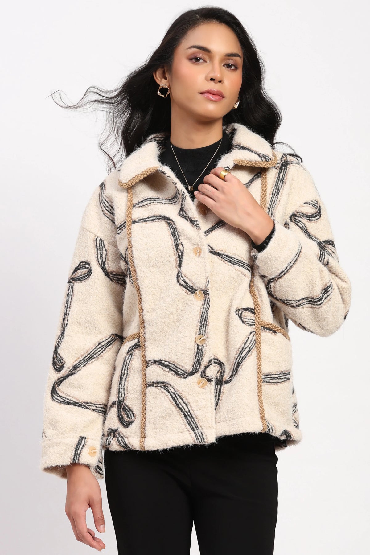 Cream Abstract Wool-Blend Shacket-Global Republic