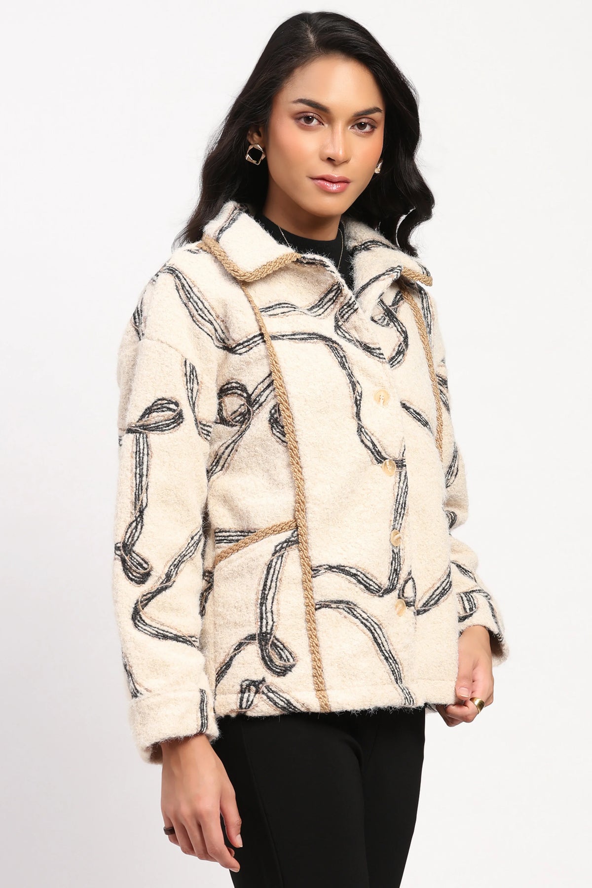 Cream Abstract Wool-Blend Shacket-Global Republic