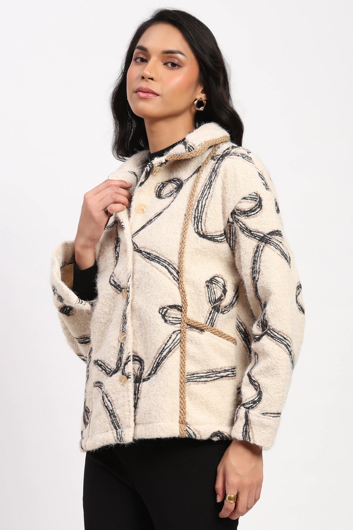 Cream Abstract Wool-Blend Shacket-Global Republic