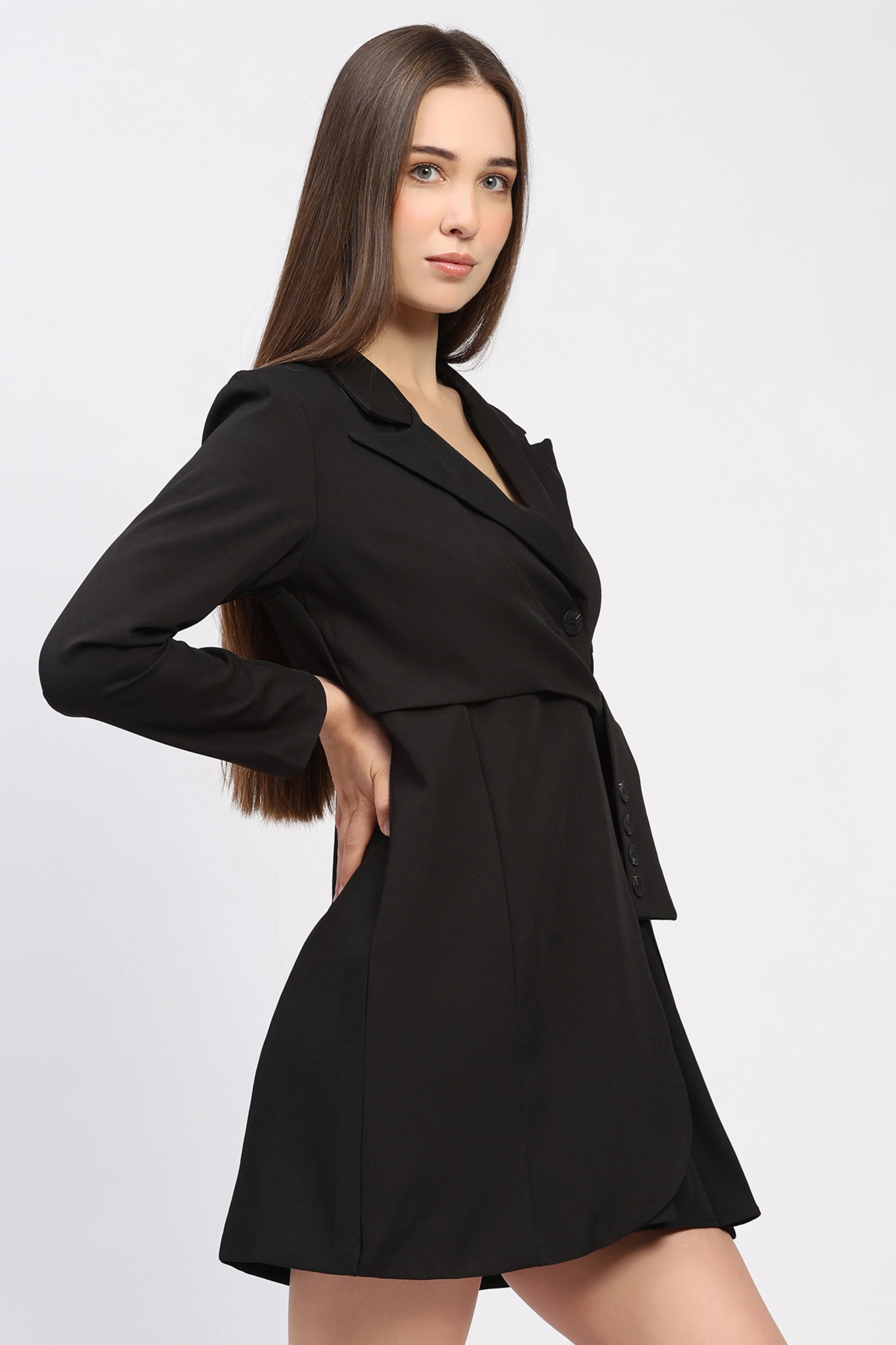 Black Tie-Up Waist Blazer Dress
