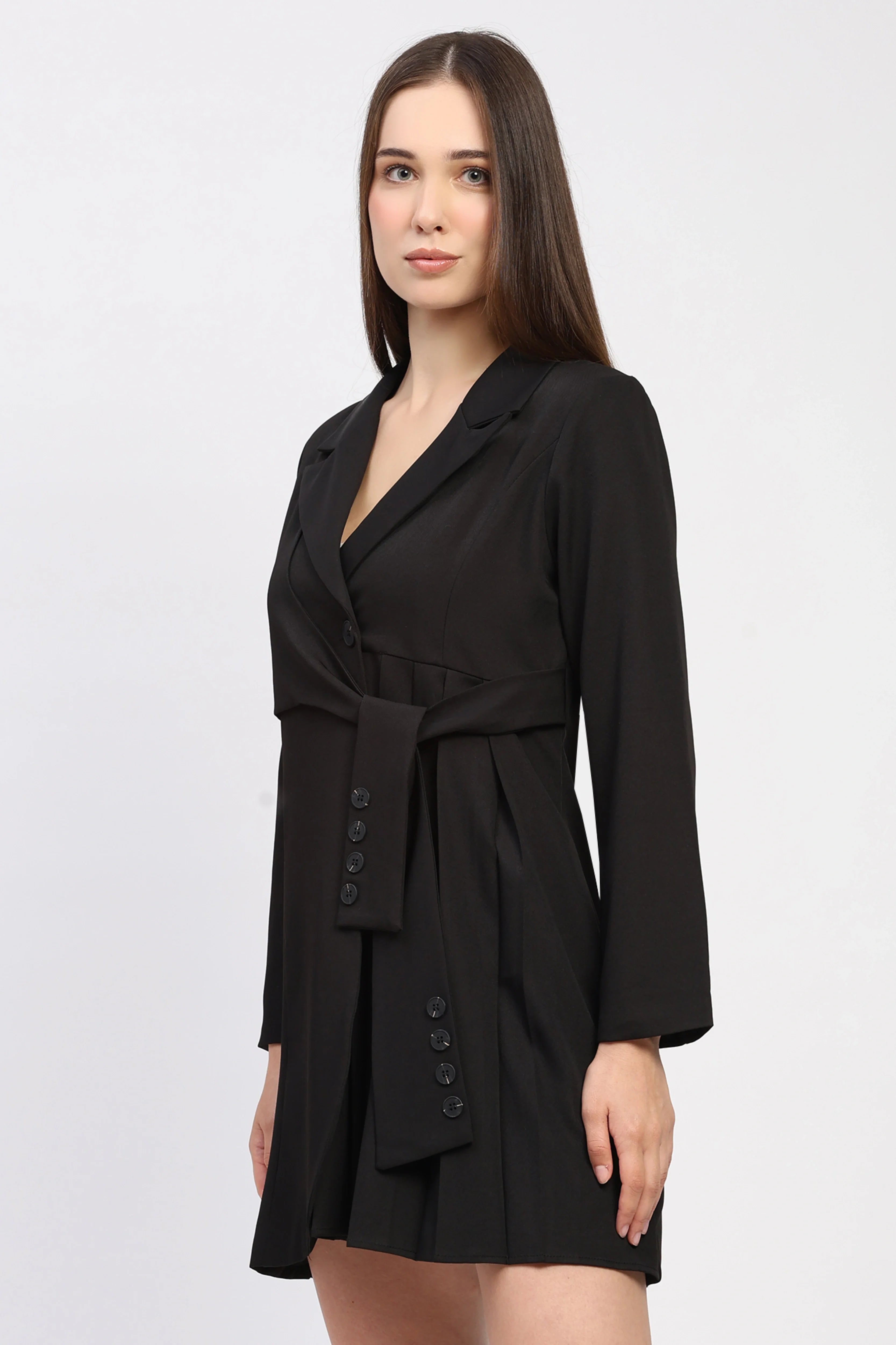 Black Tie-Up Waist Blazer Dress