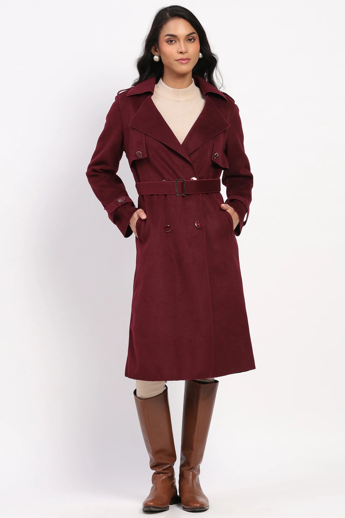 Wine Wool Blend Long Coat-Global Republic