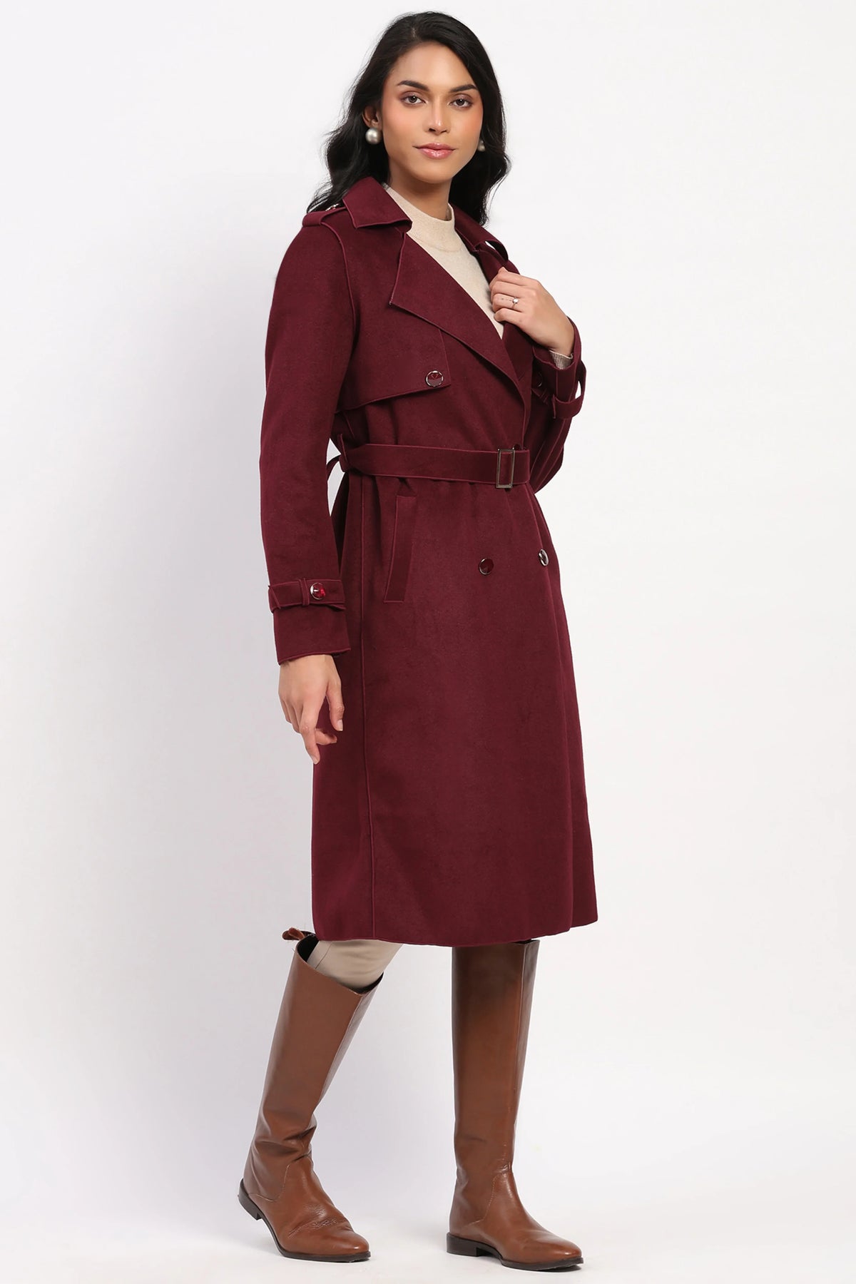 Wine Wool Blend Long Coat-Global Republic
