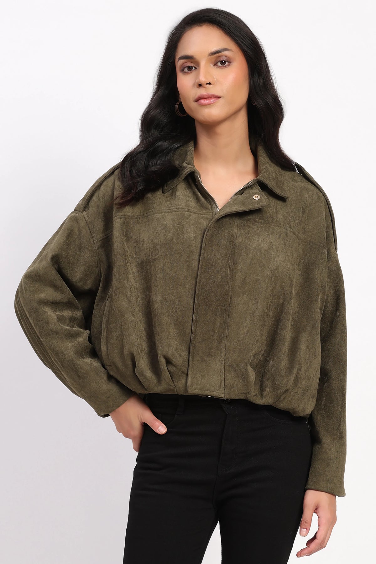Olive Suede Baggy Winter Jacket-Global Republic