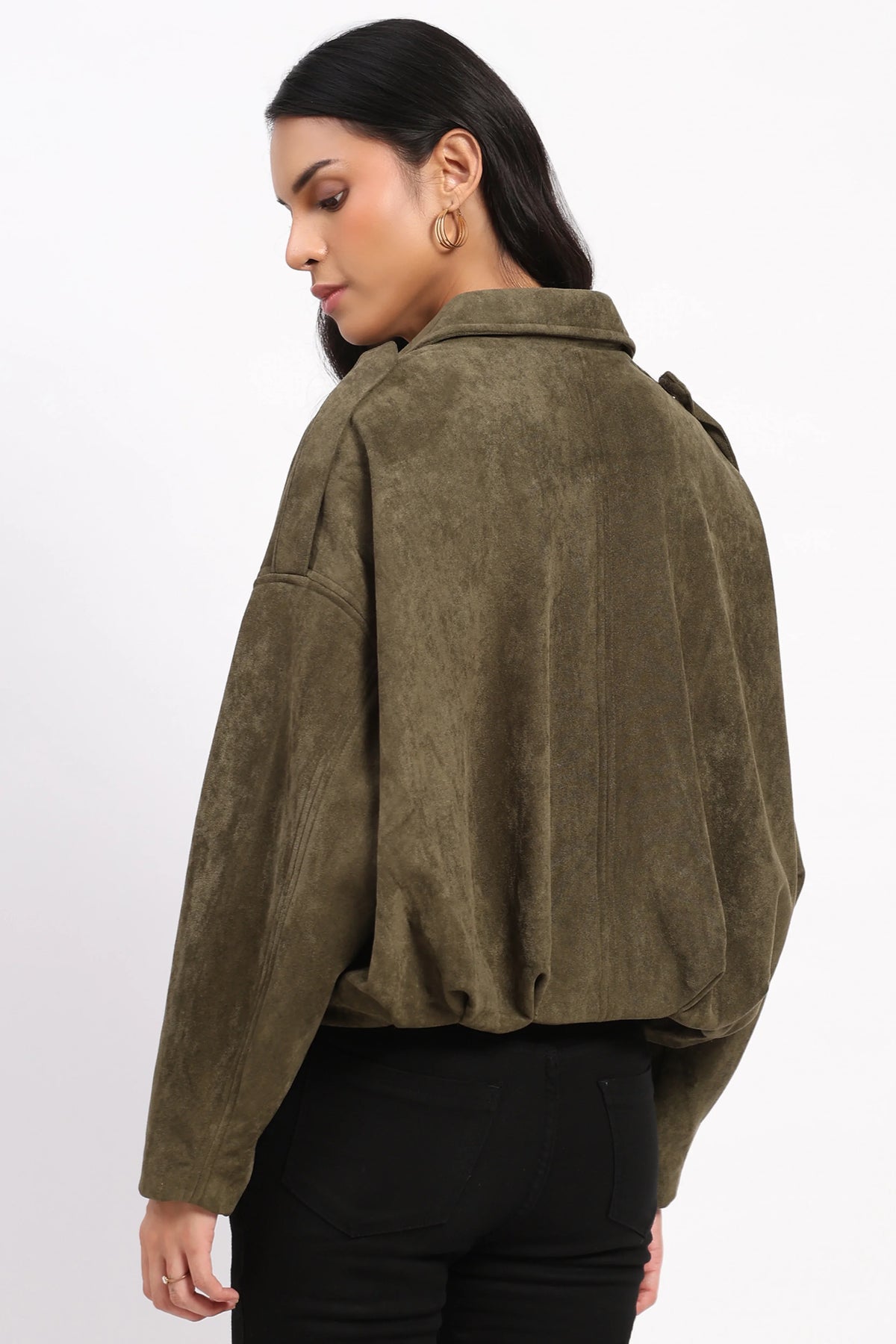 Olive Suede Baggy Winter Jacket-Global Republic