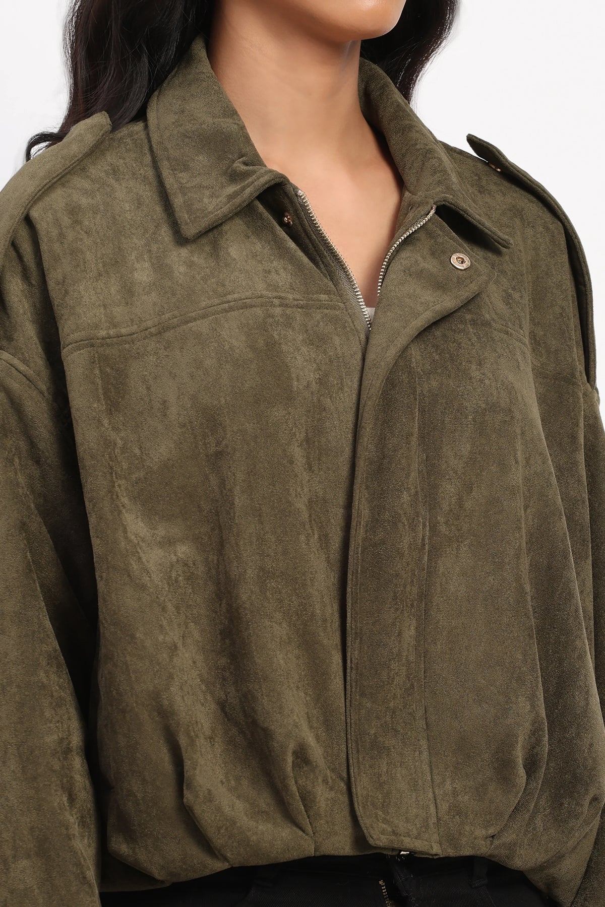 Olive Suede Baggy Winter Jacket-Global Republic