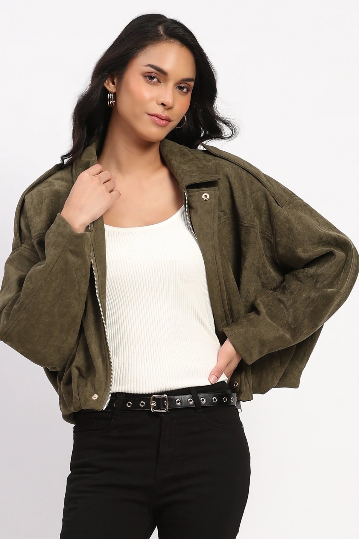 Olive Suede Baggy Winter Jacket-Global Republic