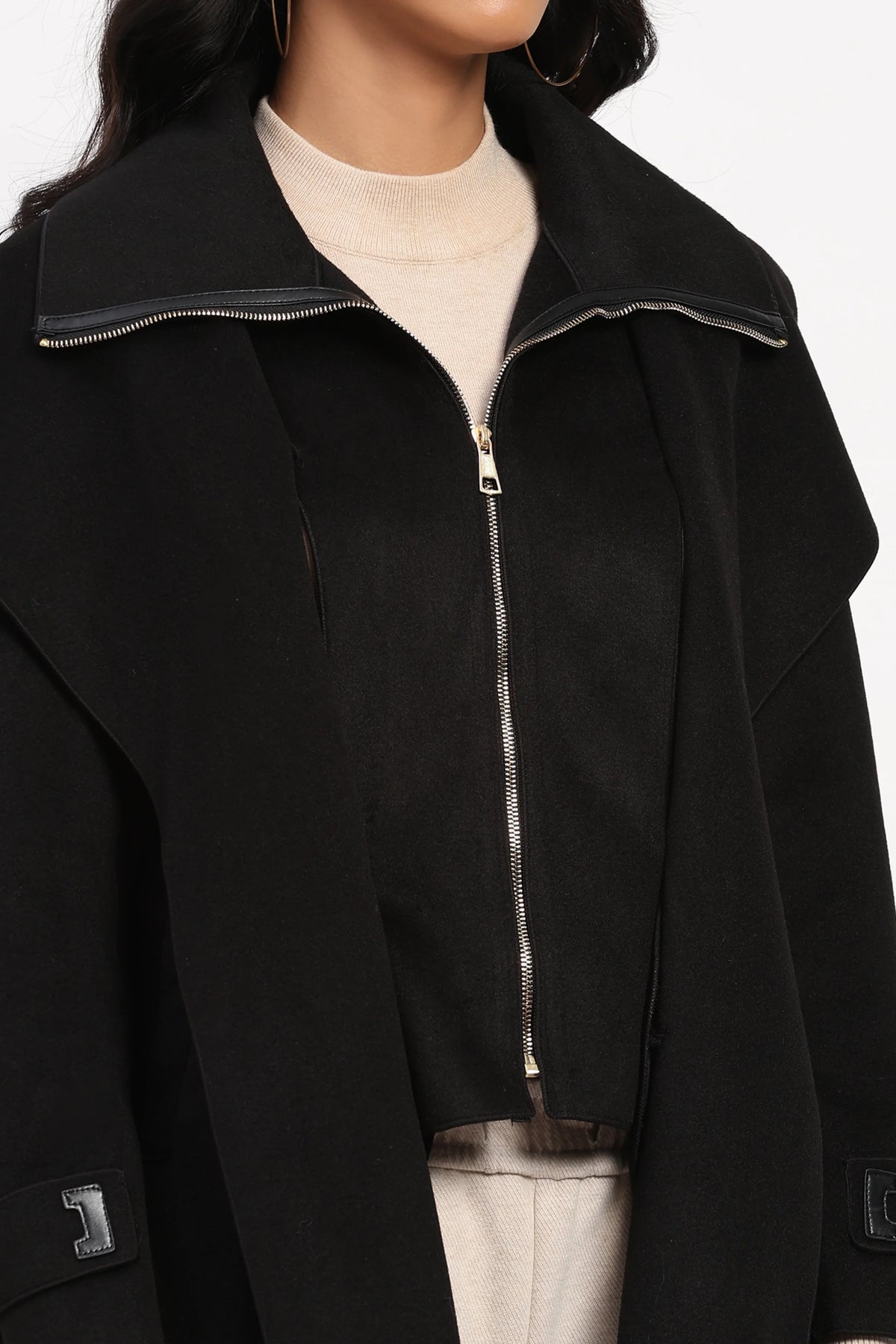 Black Double Layered Belted Coat-Global Republic